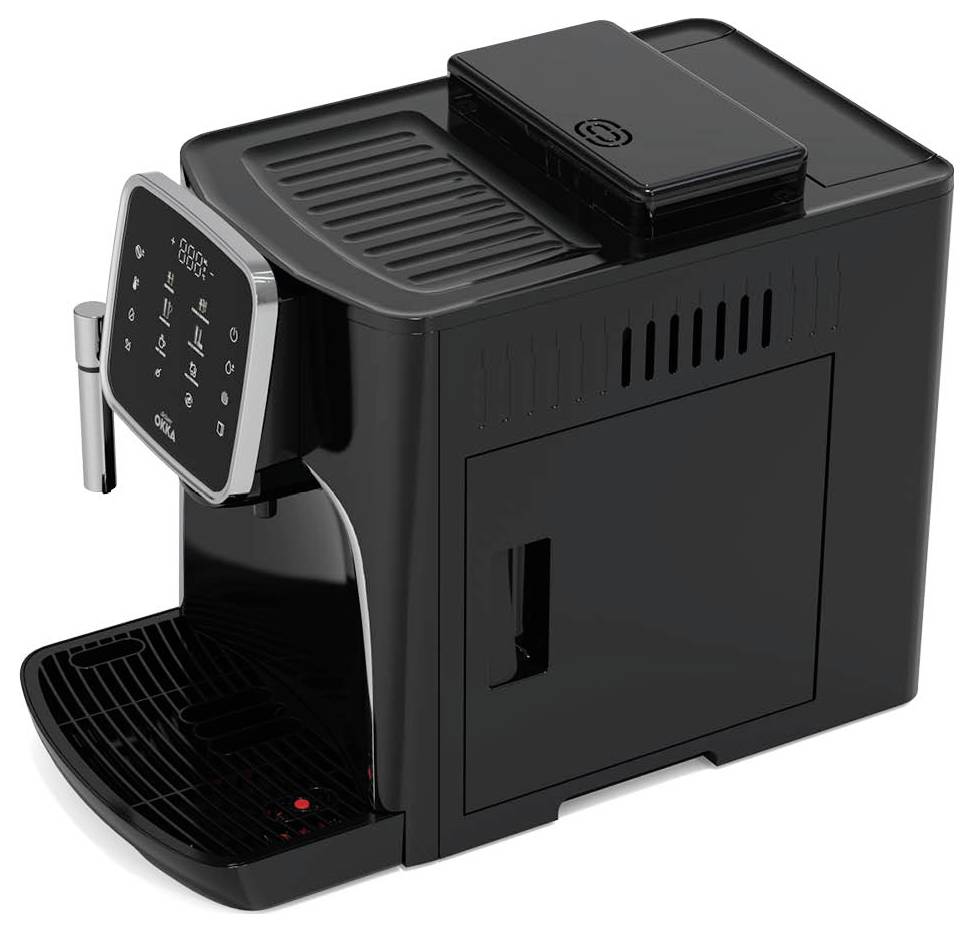 Schwarzer Kaffeevollautomat mit digitalem Display, Tassenablage und seitlichem Wassertank. Modernes Design für Kaffeezubereitung.