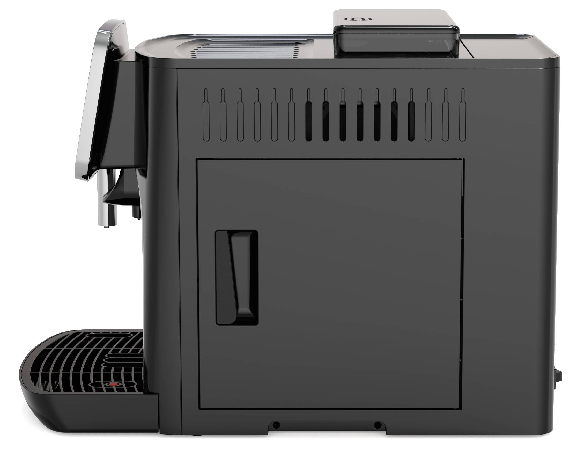 Kaffeemaschine von der Seite, schwarz, mit Wasserbehälter und Tropfschale, geeignet für Büro- oder Heimgebrauch.