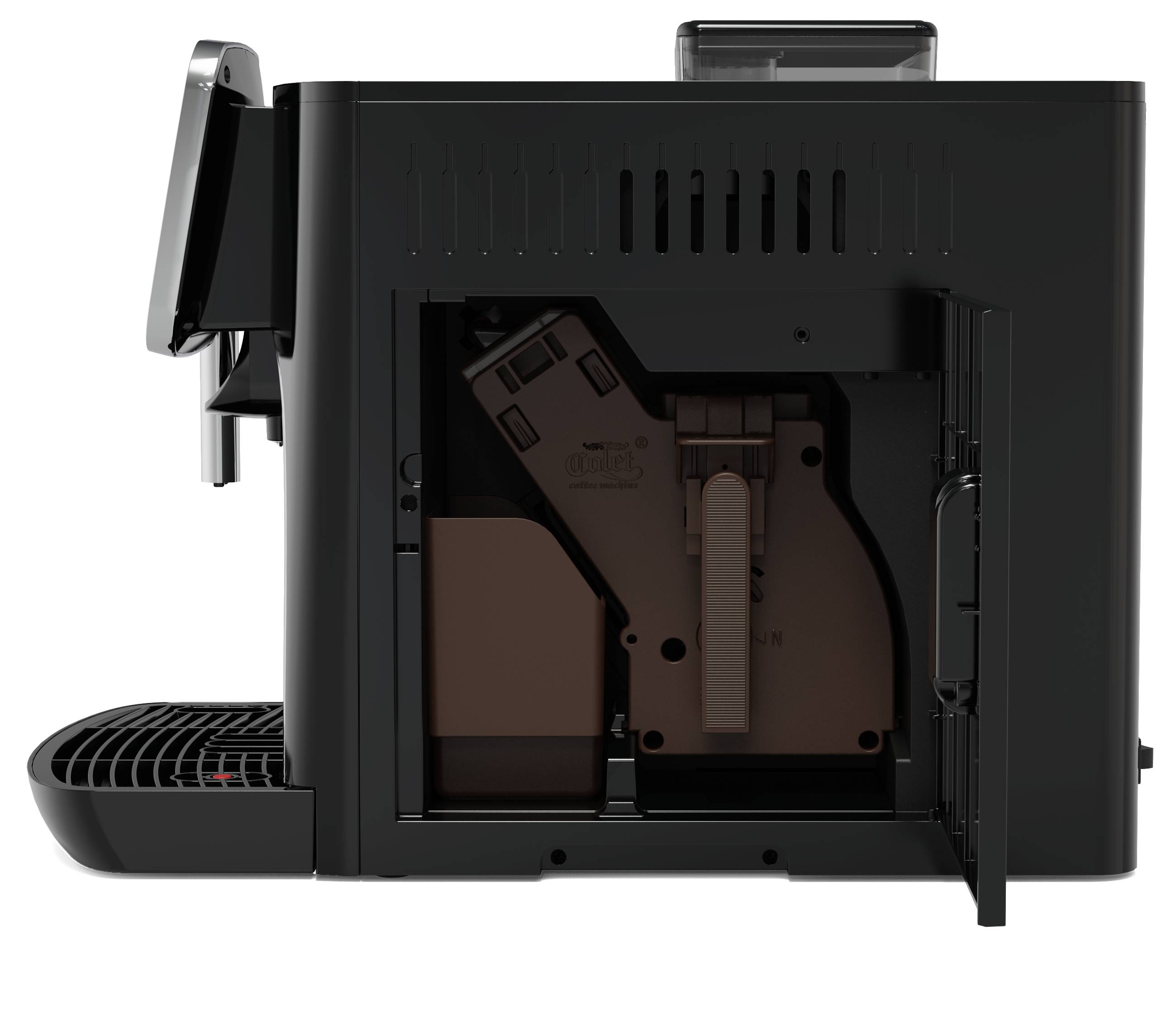 Seitenansicht einer Kaffeemaschine mit geöffneter Klappe, die den Zugang zu internen Komponenten zeigt.