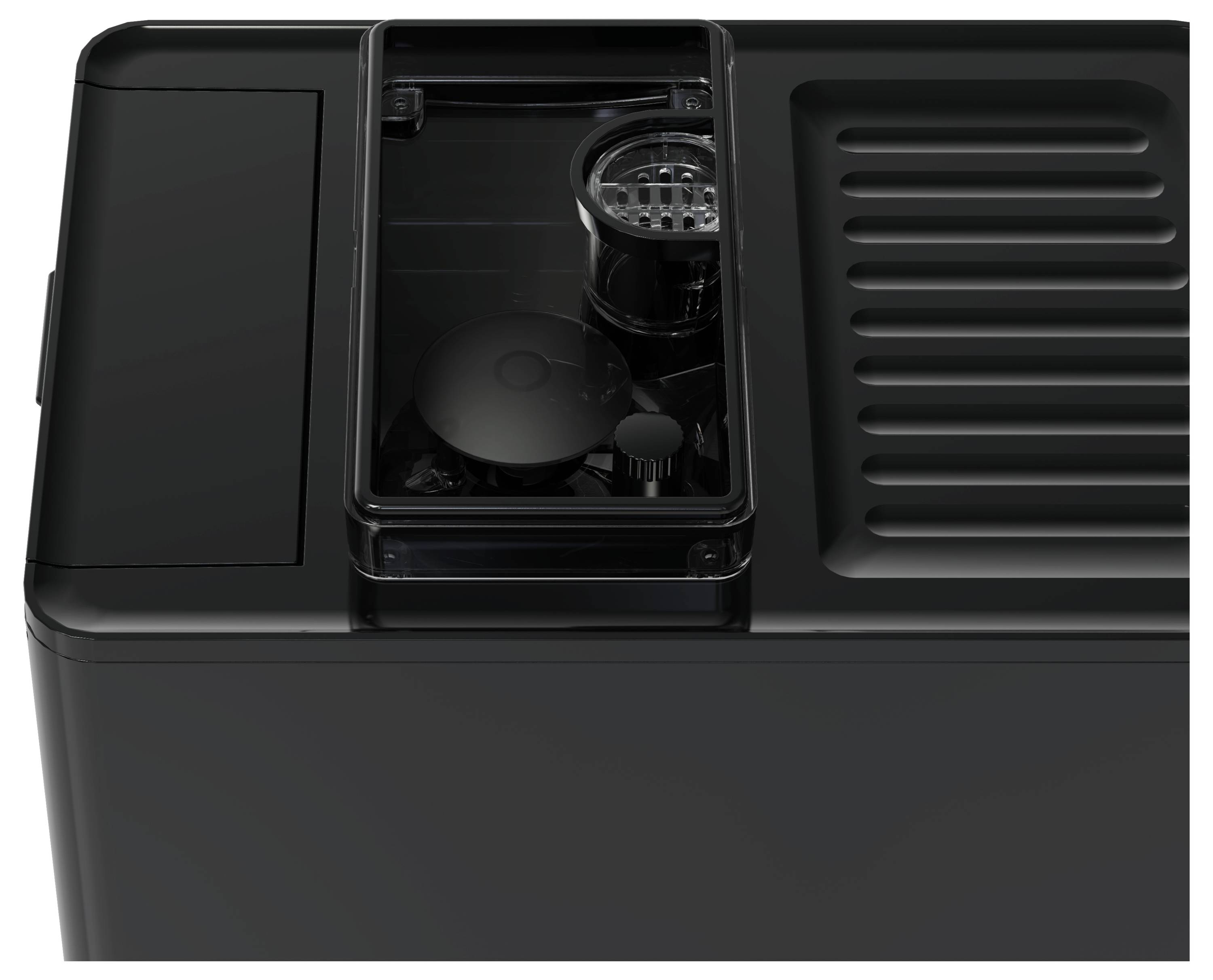 Schwarzes Haushaltsgerät mit einem geöffneten Deckel zeigt ein Fach mit einem Filter. Geeignet für Wasser- oder Luftreinigung.