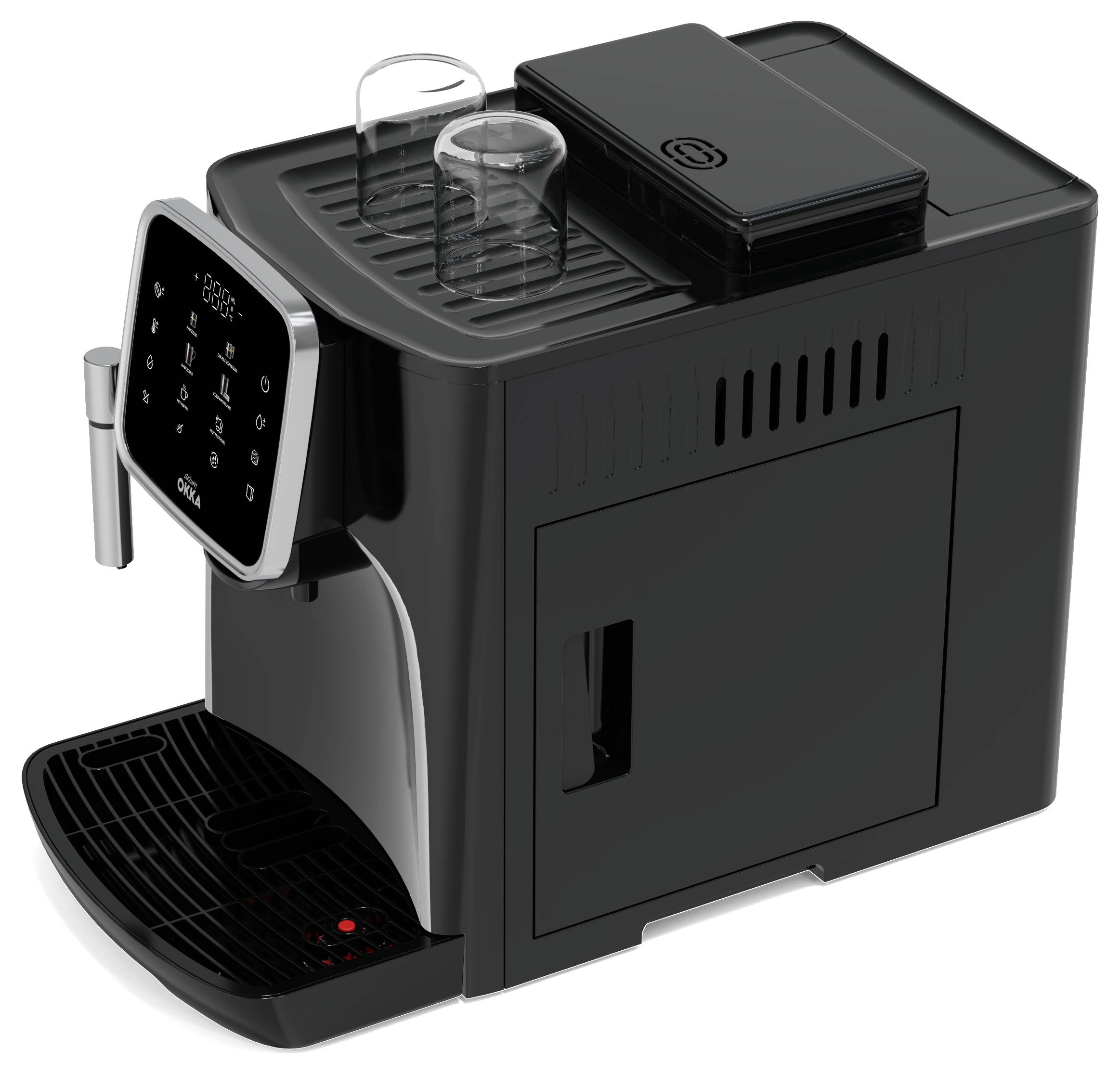 Schwarzer Kaffeevollautomat mit Tassen auf der Oberseite und digitalem Display an der Vorderseite.