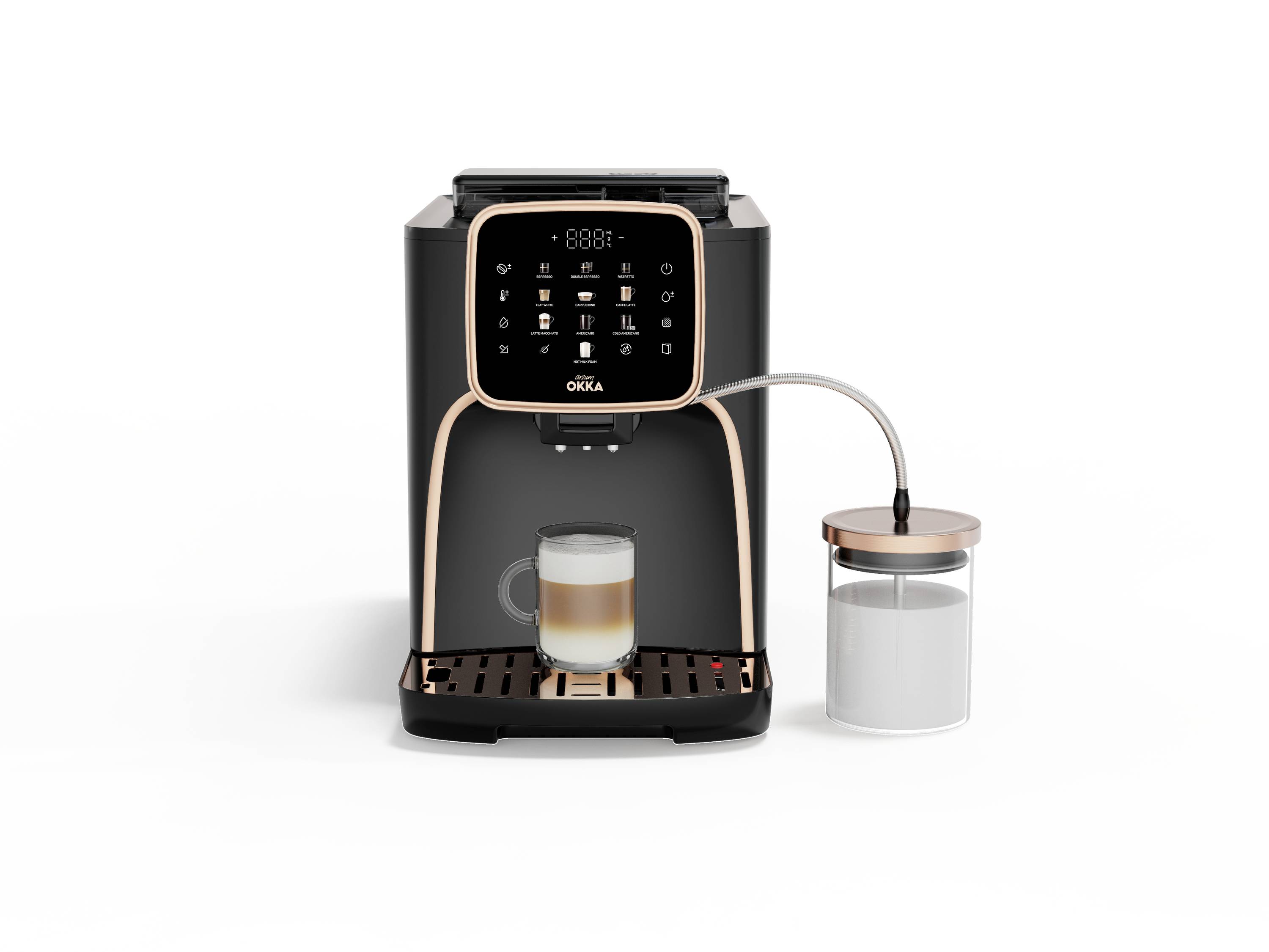 Eine schwarze Kaffeemaschine mit digitalem Display und Milchtank bereitet einen Latte Macchiato zu.