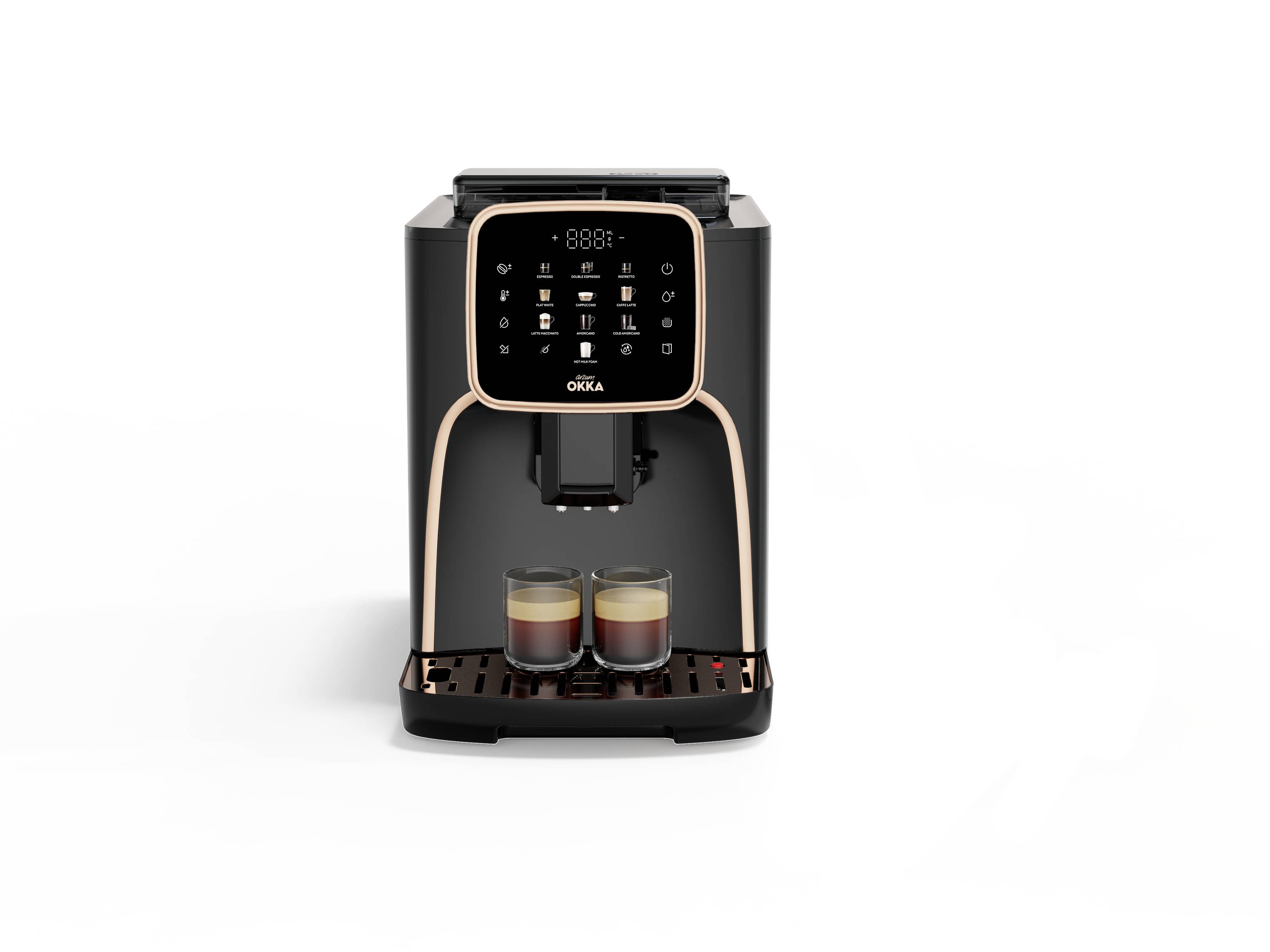 Schwarze Kaffeevollautomat mit Digitalanzeige, zwei Kaffeetassen unten. Gerät steht auf weißem Hintergrund.