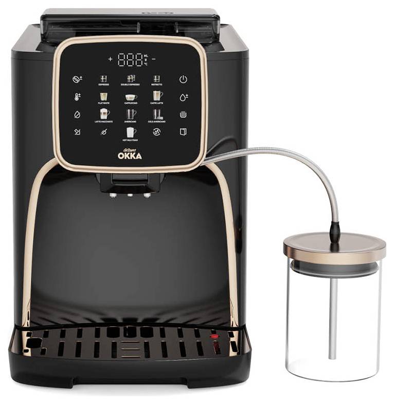 Eine schwarze Kaffee- und Milchmaschine mit Touch-Bedienfeld und einem transparenten Milchbehälter daneben.