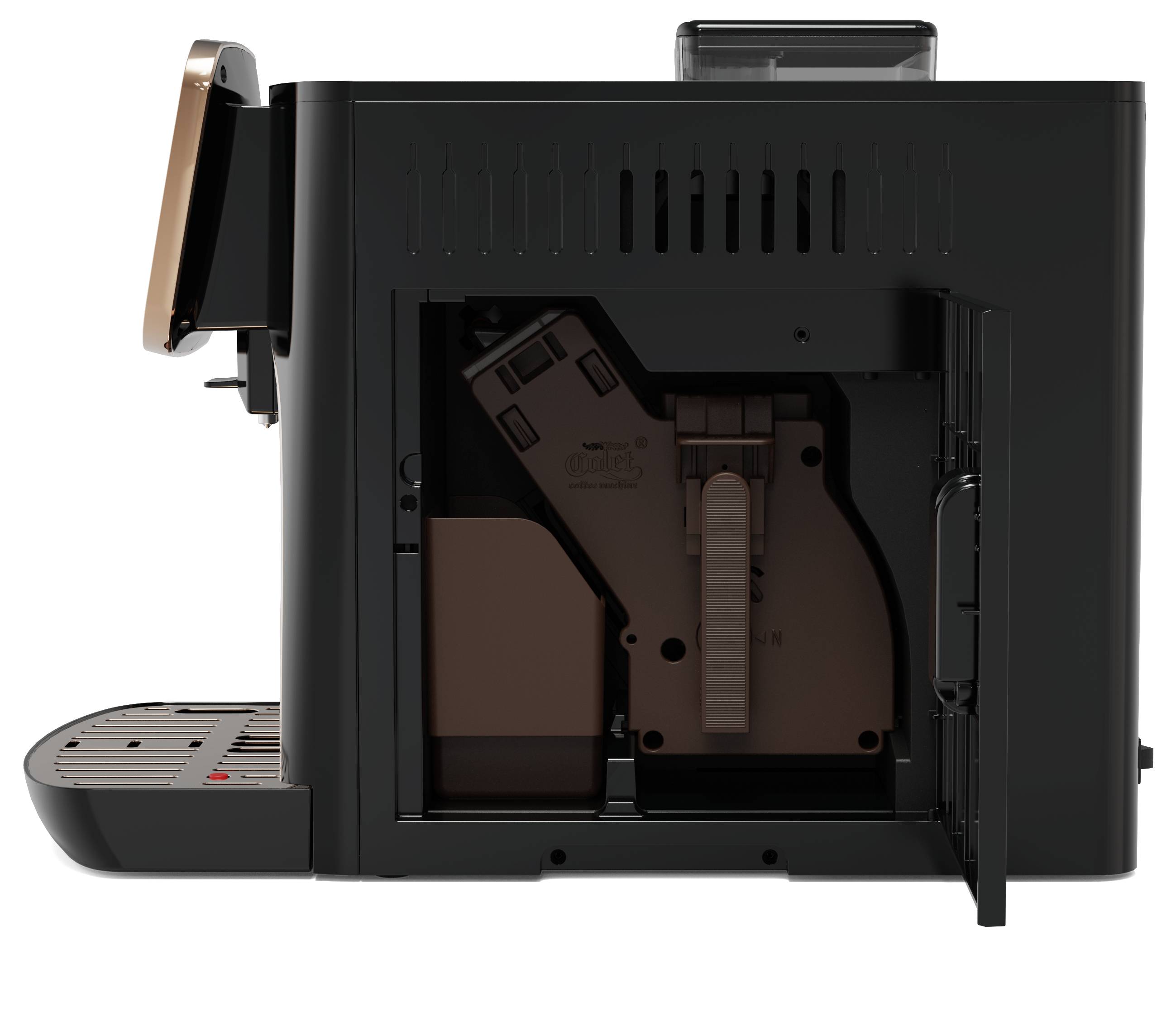 Kaffeemaschine mit geöffneter Seite, zeigt Innenmechanismus und abnehmbare Teile. Spitze auf Wartung oder Reinigung.