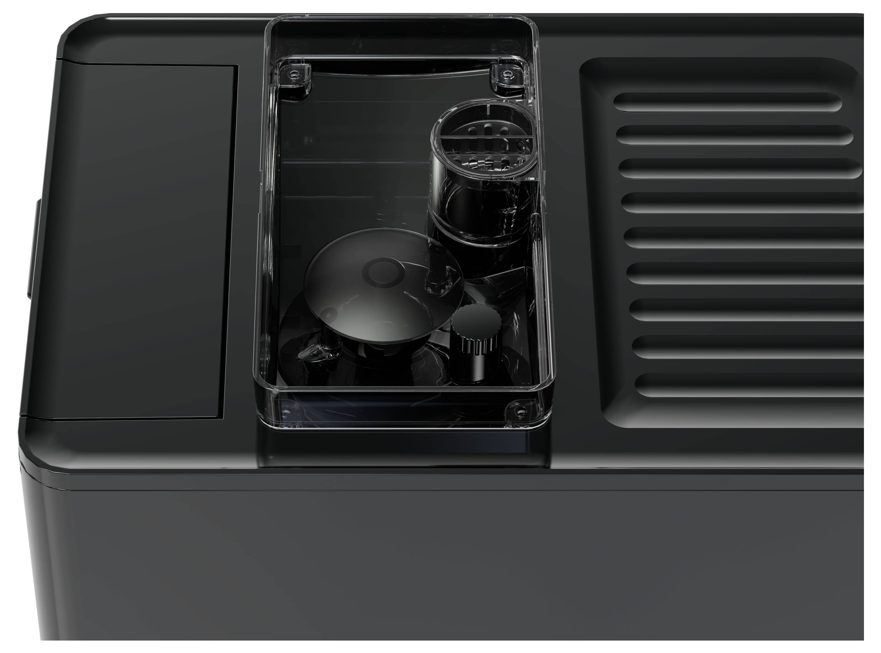 Eine schwarze Kaffeemaschine von oben gezeigt, wobei der transparente Wassertank und der Bohnenbehälter sichtbar sind.