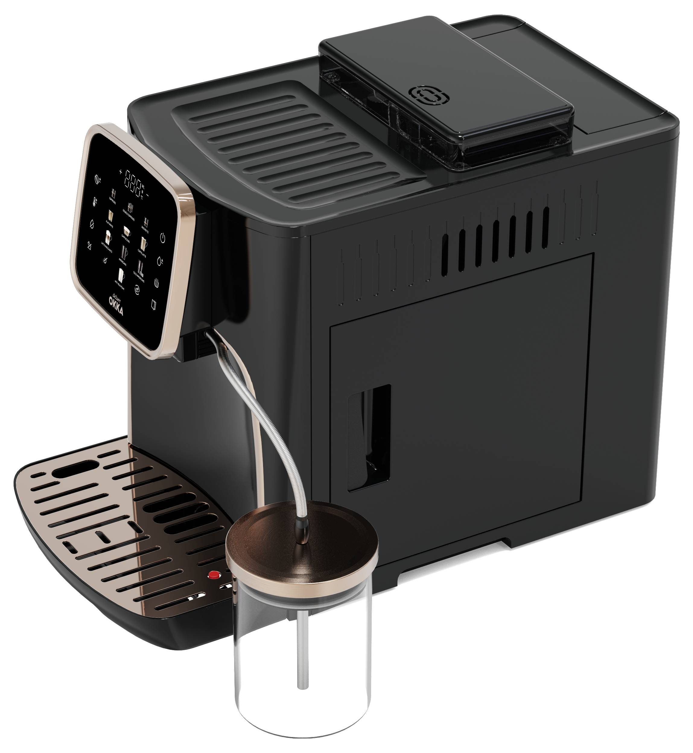 Eine schwarze Kaffeemaschine mit einem digitalen Display, das gerade Kaffee in eine gläserne Tasse mit einem Metallschlauch füllt.