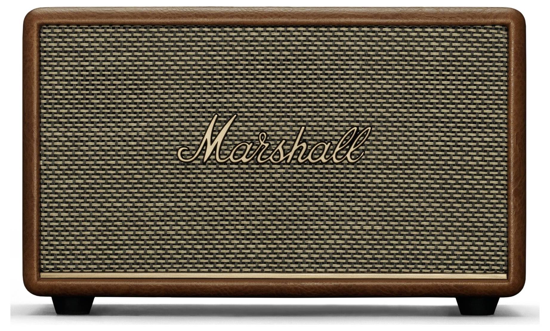 Ein brauner Marshall-Lautsprecher im Retro-Design mit grauem Gitter und dem Schriftzug 'Marshall' auf der Vorderseite.