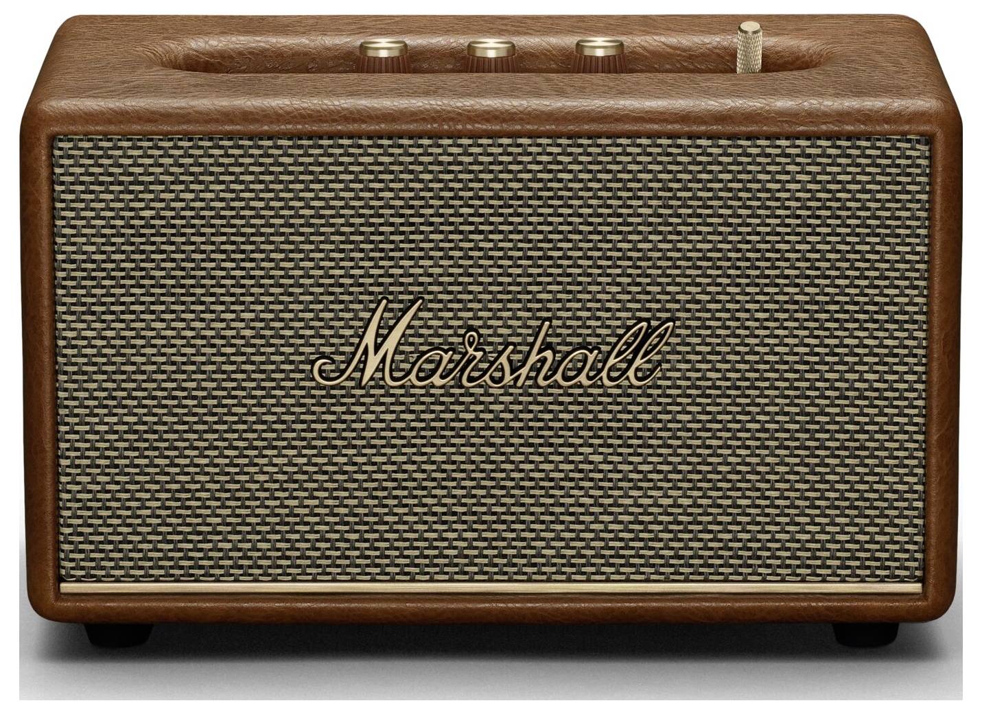 Brauner Lautsprecher im Retro-Design, mit dem Schriftzug 'Marshall' auf dem Frontgitter und Knöpfen oben zur Steuerung.