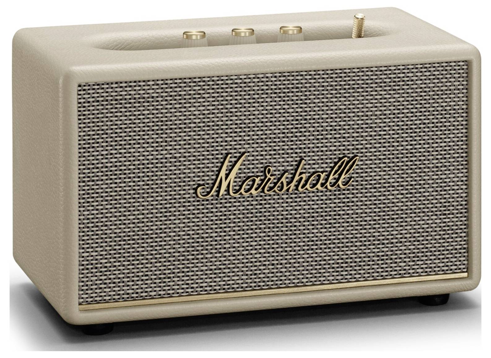 Ein cremefarbener Lautsprecher mit goldenen Bedienelementen und einem Gitter, auf dem 'Marshall' in goldener Schrift steht.