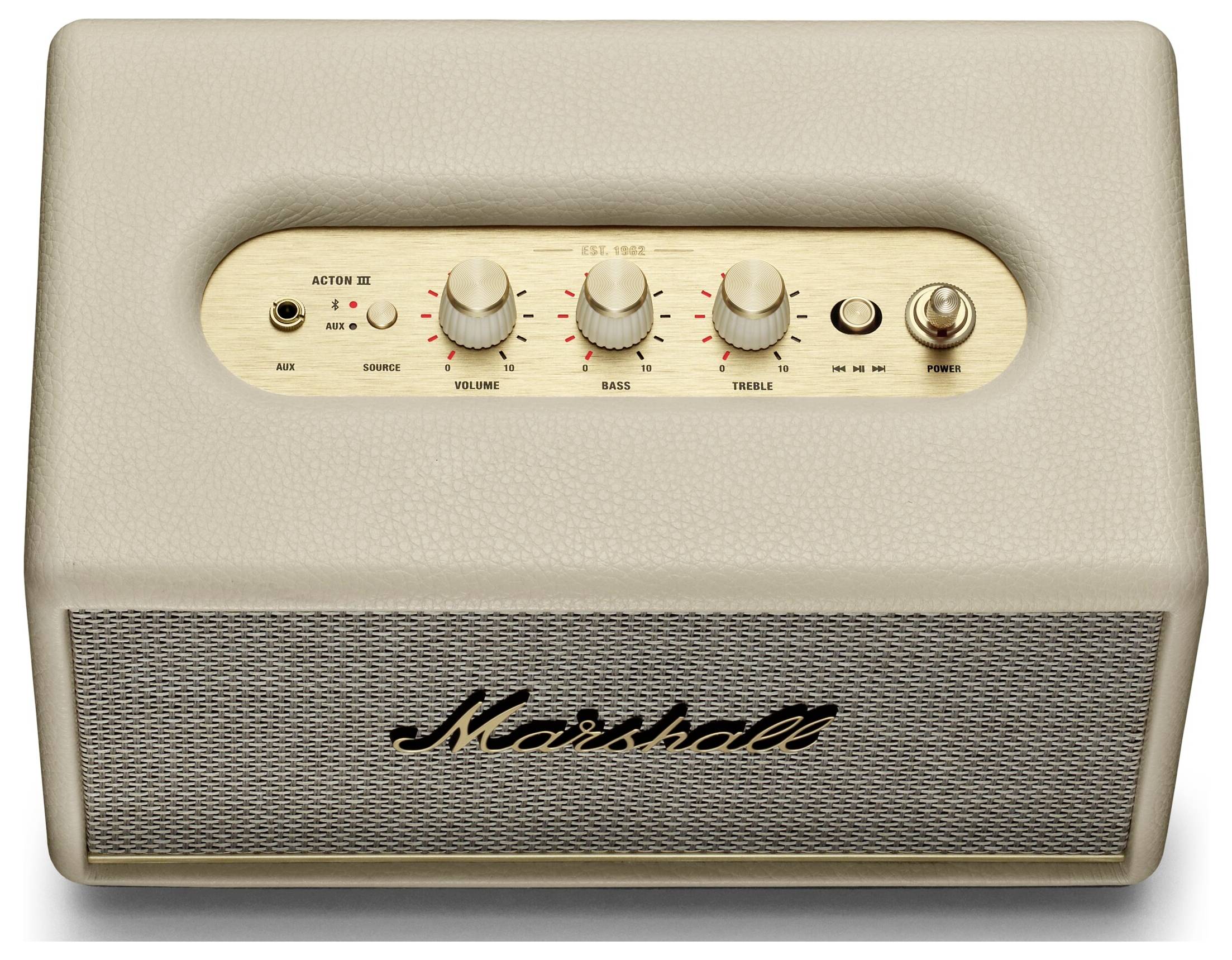 Ein beige Lautsprecher mit dem Logo 'Marshall'. Oben sind Drehknöpfe für Lautstärke, Bass und Höhen sowie ein Schalter zu sehen.