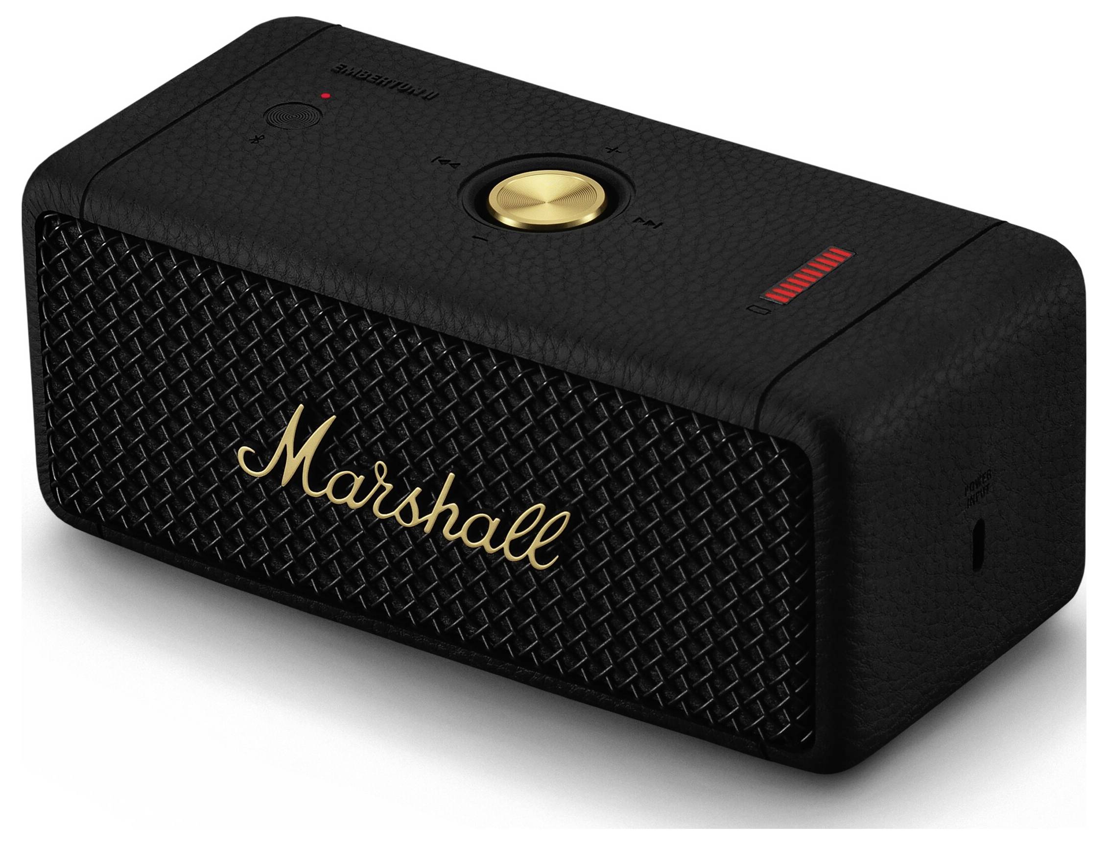 Ein schwarzer Bluetooth-Lautsprecher mit Goldknopf und MESH-Design. Das Logo 'Marshall' ist in Gold auf der Vorderseite platziert.