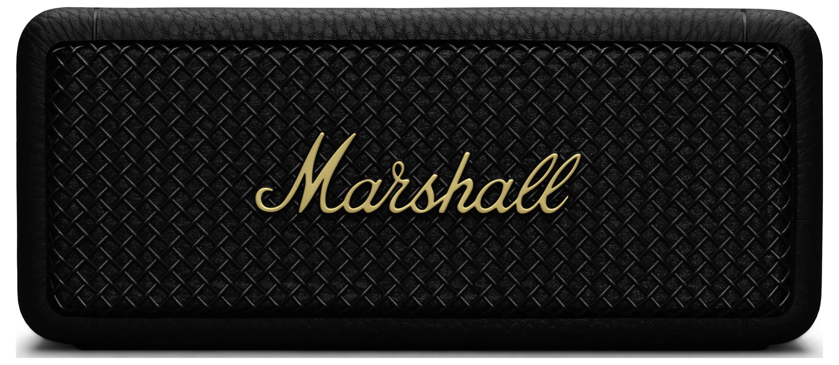 Ein schwarzer Lautsprecher mit gewebtem Muster und dem goldenen Schriftzug 'Marshall' auf der Vorderseite.