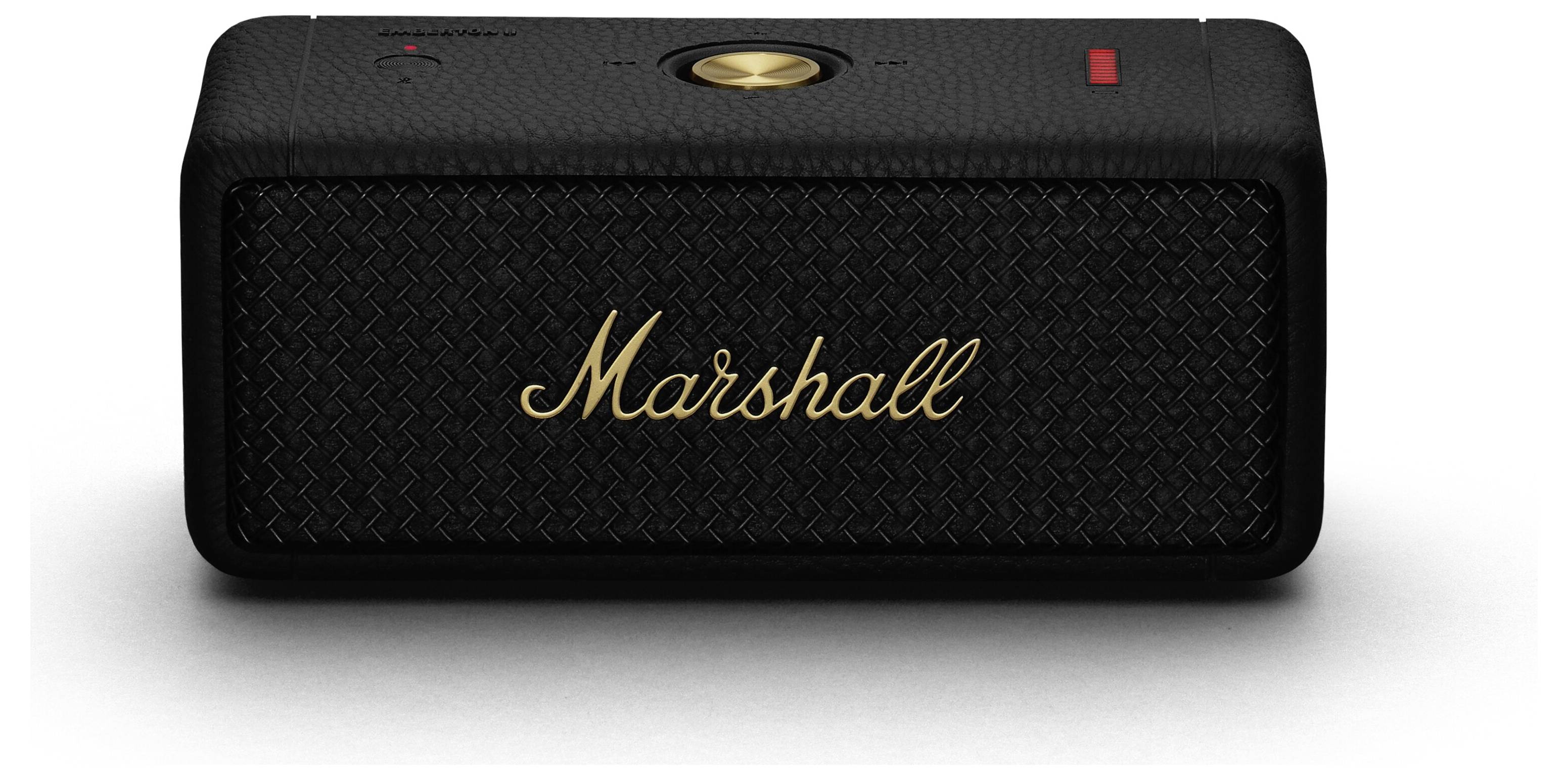 Ein tragbarer Lautsprecher mit dem 'Marshall'-Logo in der Mitte, schwarzes Gehäuse und gitterartige Frontabdeckung.