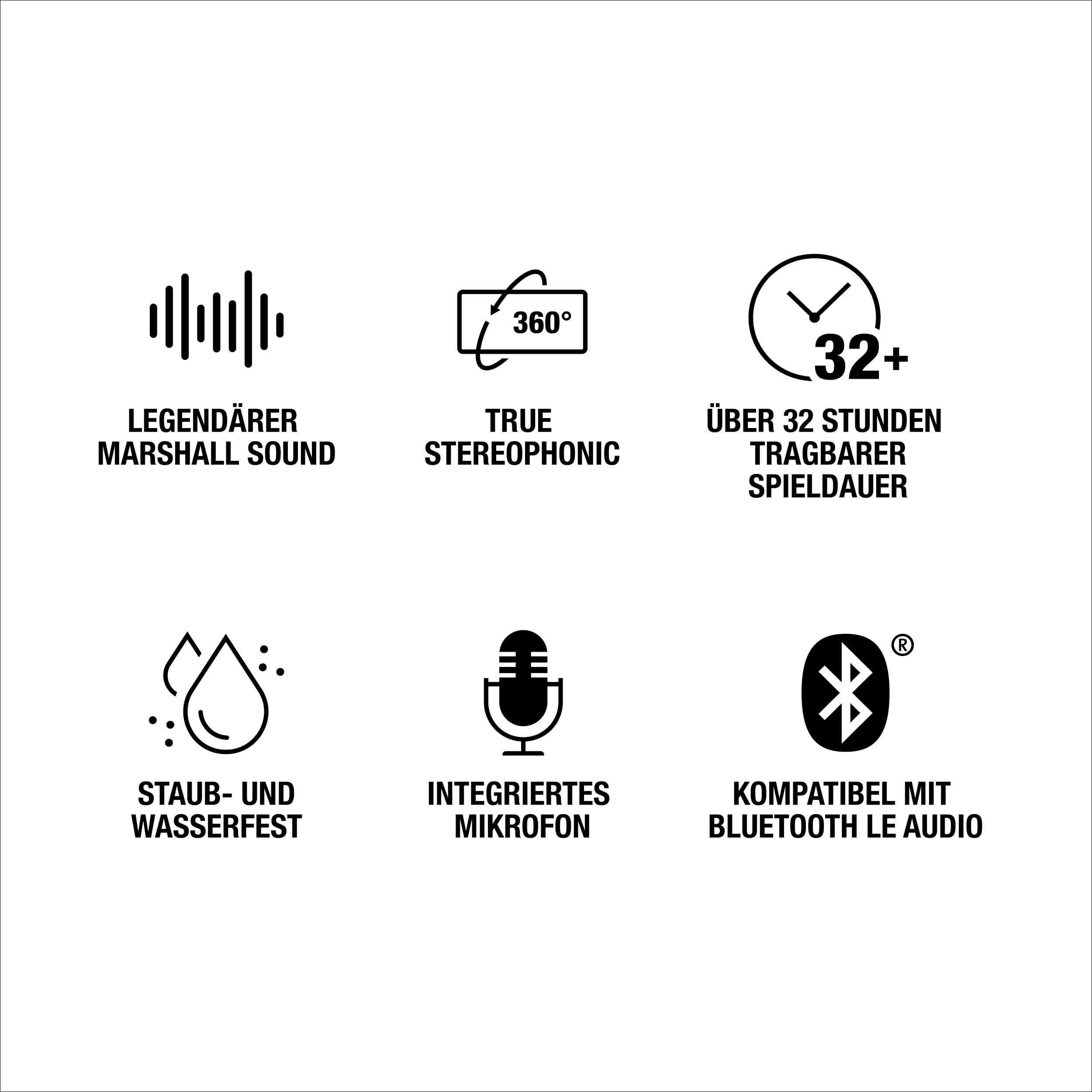 'Legendärer Marshall Sound', 'True Stereophonic 360°', 'Über 32 Stunden tragbare Spieldauer', 'Staub- und wasserfest', 'Integriertes Mikrofon', 'Kompatibel mit Bluetooth LE Audio'.