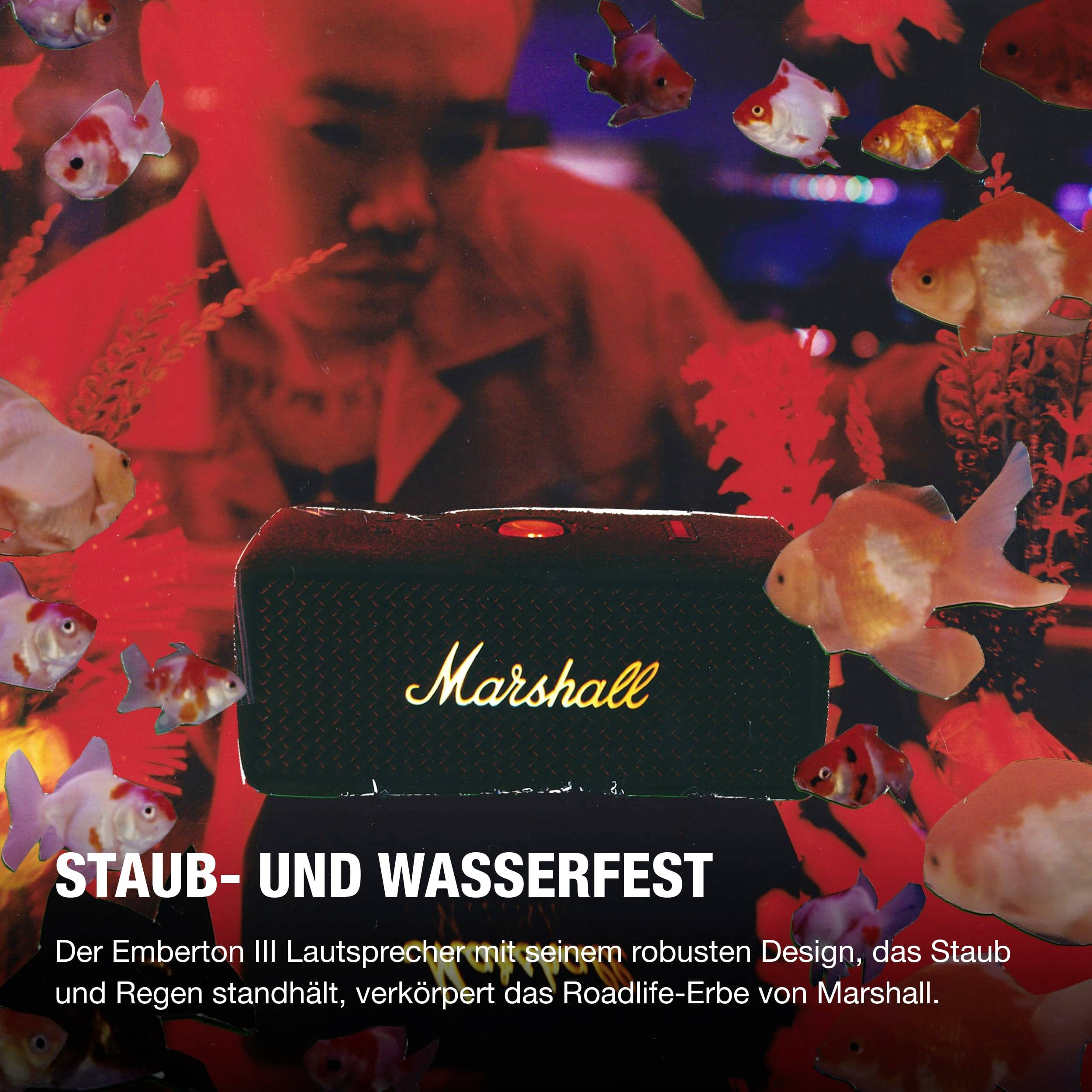 Ein Marshall Emberton III Lautsprecher wird in einer Unterwasserwelt gezeigt. Text: 'Staub- und wasserfest'.