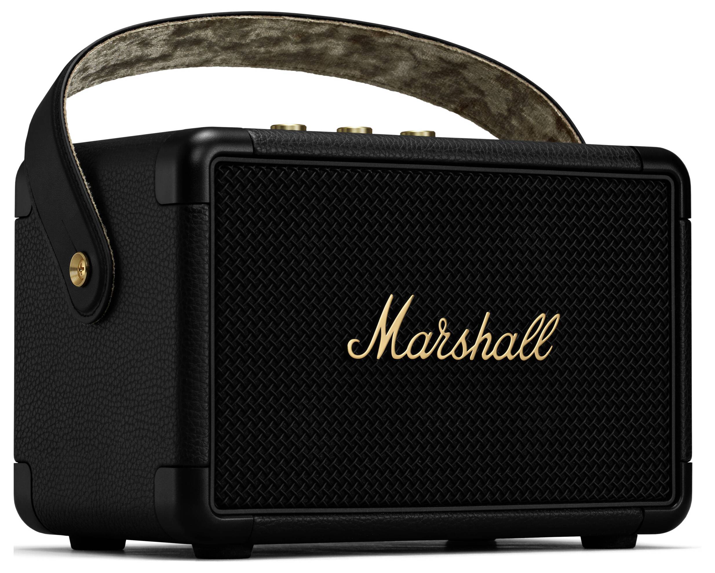 Schwarzer tragbarer Lautsprecher mit Riemen und dem goldenen Logo 'Marshall' auf der Vorderseite.
