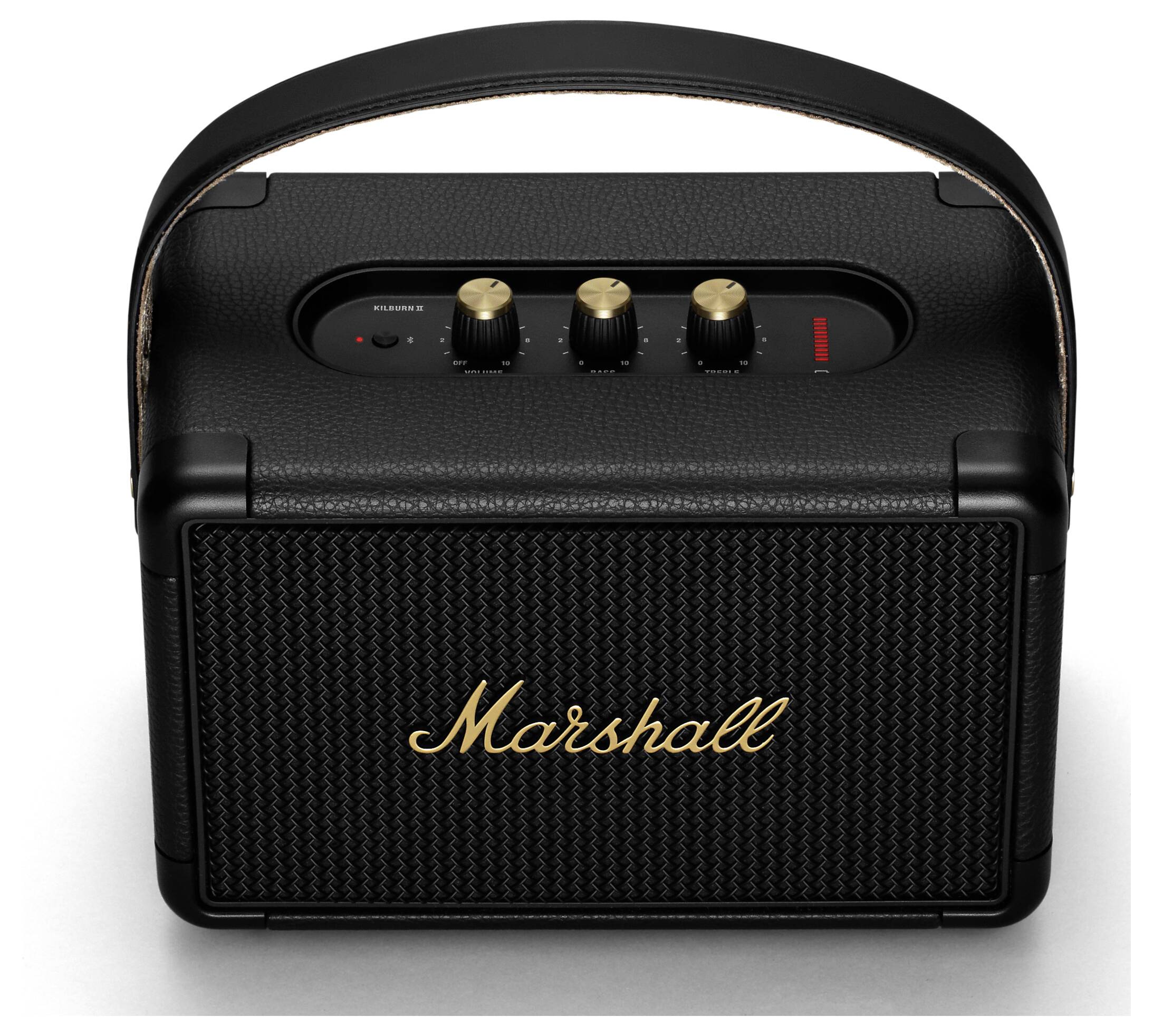 Ein schwarzer tragbarer Lautsprecher mit einem Griff, drei Drehknöpfen zur Steuerung und dem Markennamen 'Marshall' auf der Vorderseite.