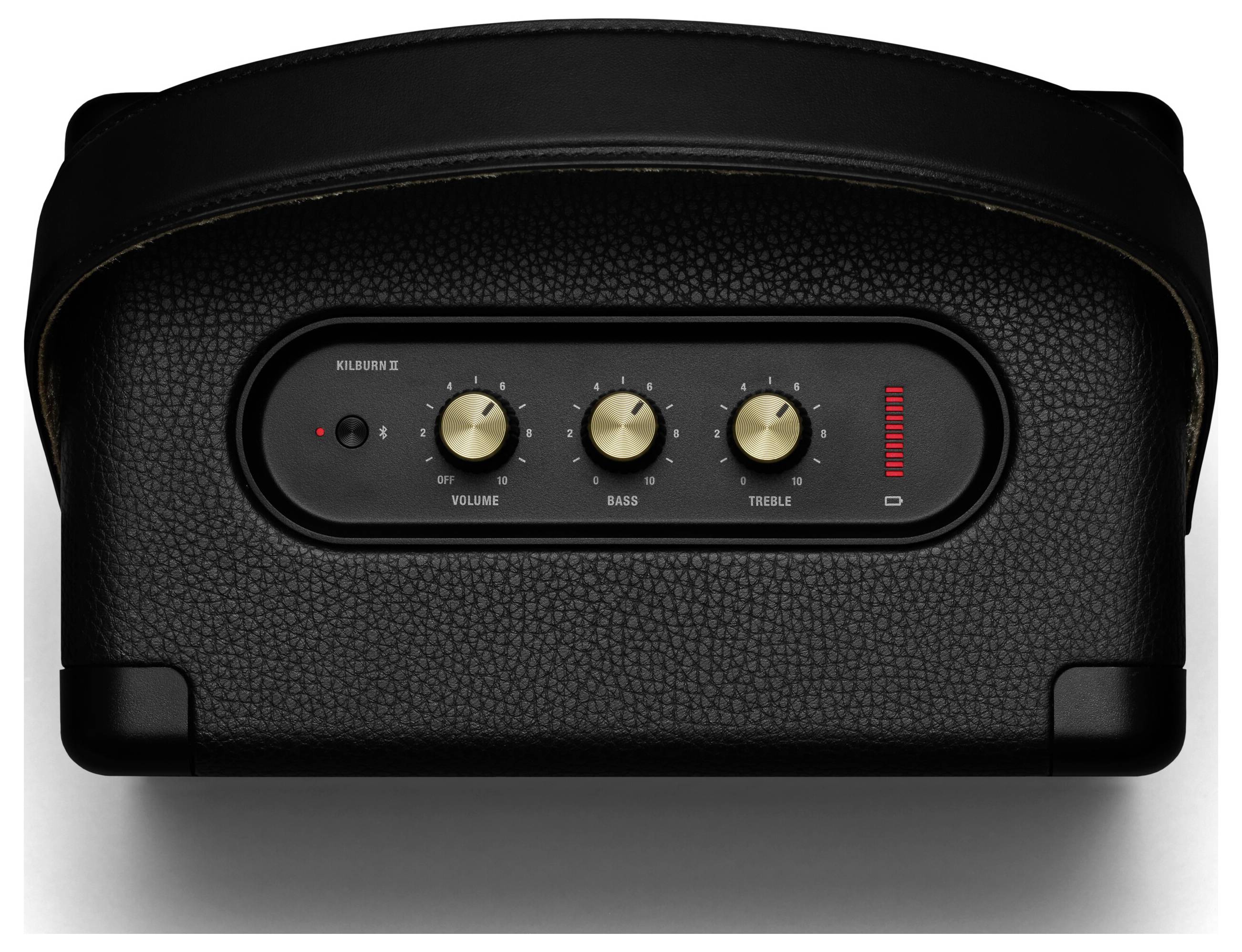 Schwarzer Lautsprecher mit drei Drehreglern für 'Volume', 'Bass' und 'Treble'. Rote LED-Anzeige auf der rechten Seite.
