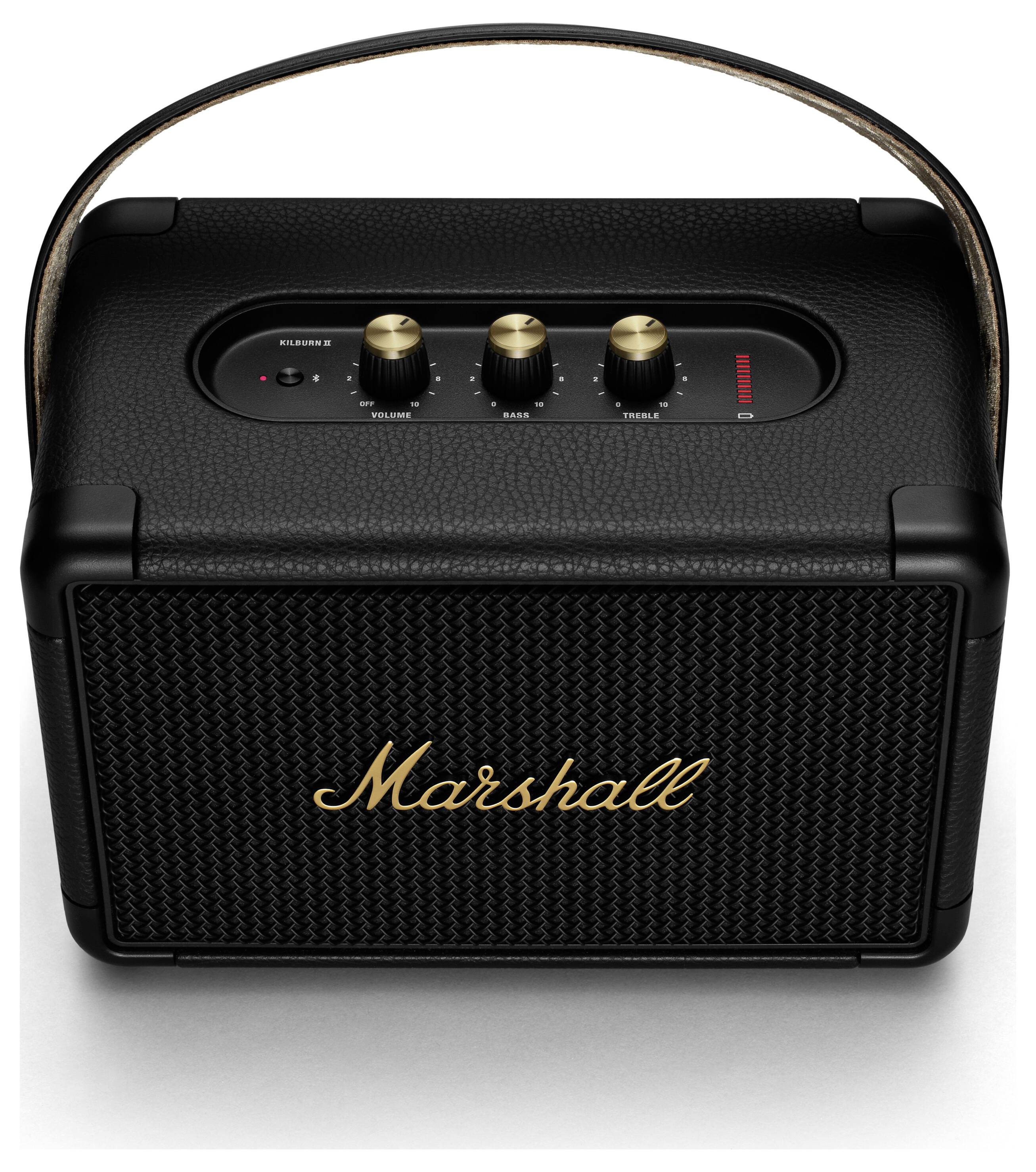 Ein tragbarer schwarzer Lautsprecher mit goldenen Knöpfen zur Steuerung der Lautstärke, Höhen und Bässe; vorne steht 'Marshall'.