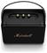 Ein tragbarer schwarzer Lautsprecher mit goldenen Knöpfen zur Steuerung der Lautstärke, Höhen und Bässe; vorne steht 'Marshall'.