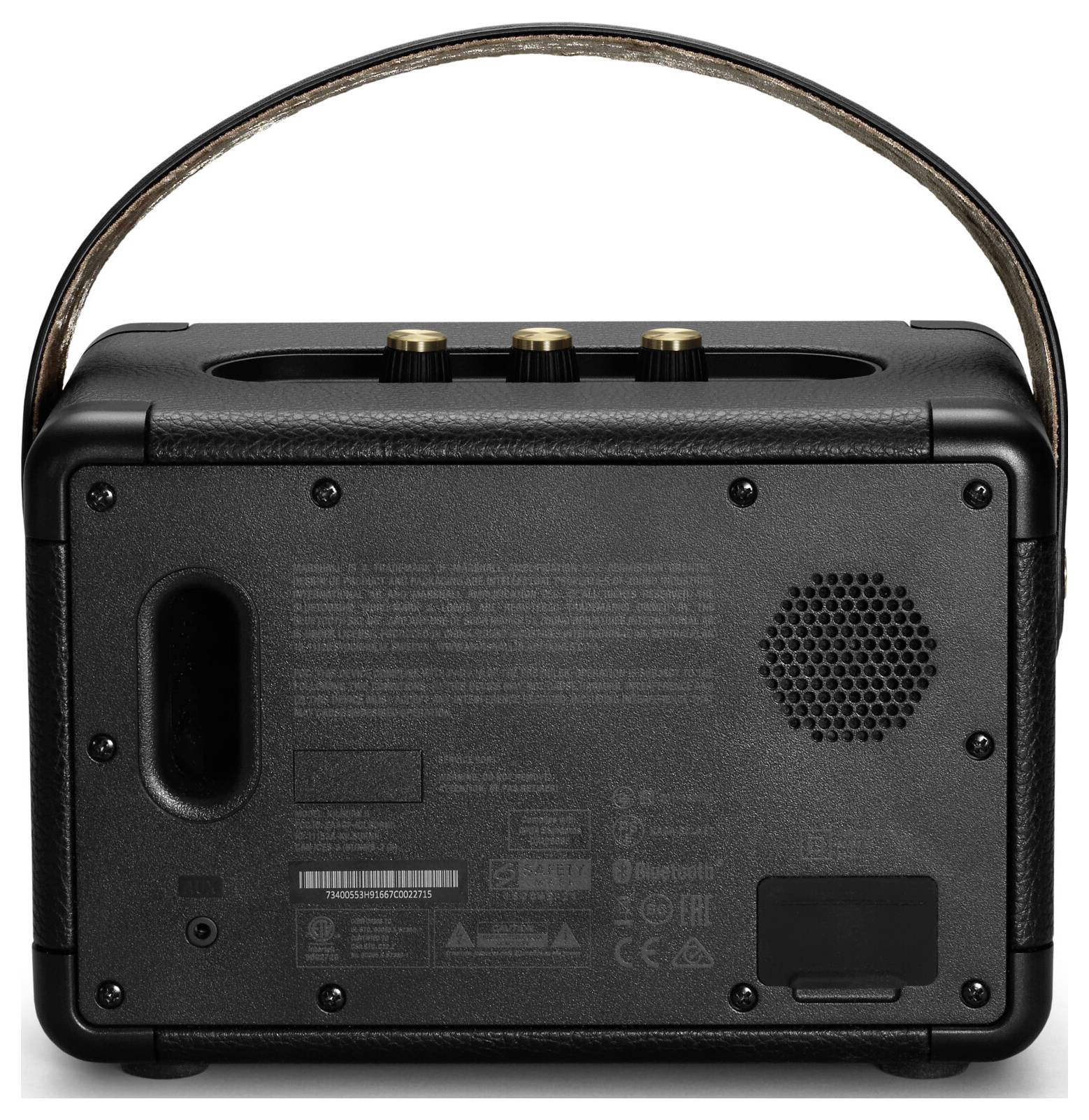 Rückansicht eines tragbaren Lautsprechers mit Lederriemen, drei Bedienknöpfen und mehreren Anschlüssen sowie Lautsprechergitter.