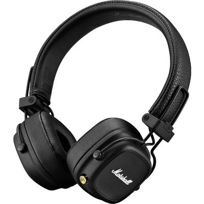 Schwarze Over-Ear-Kopfhörer mit Polsterung und verstellbarem Bügel. Auf einer Seite ist das Logo 'Marshall' sichtbar.