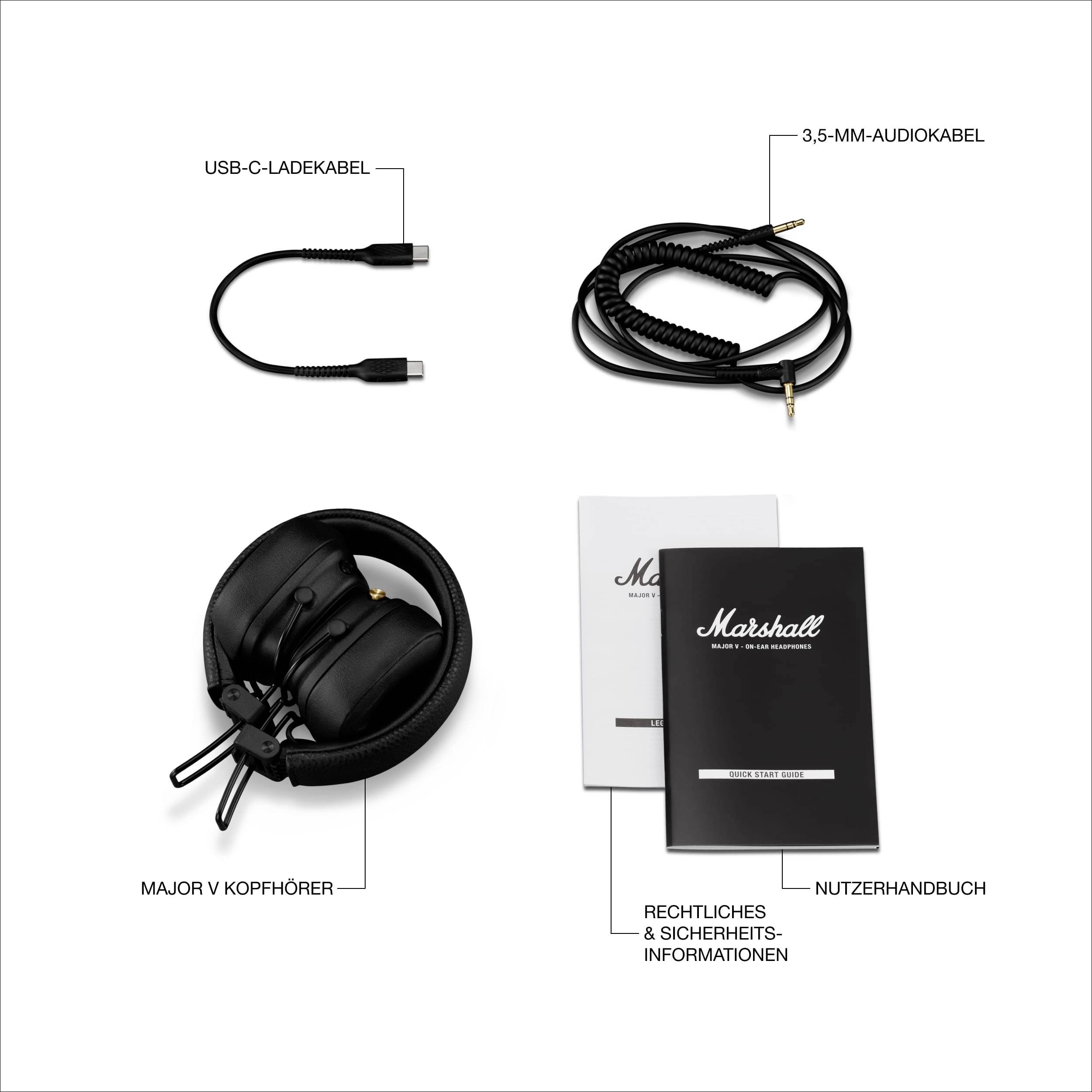'Inhalt der Verpackung: Major V Kopfhörer, USB-C-Ladekabel, 3,5-mm-Audiokabel, Nutzerhandbuch, rechtliche und Sicherheitsinformationen.'