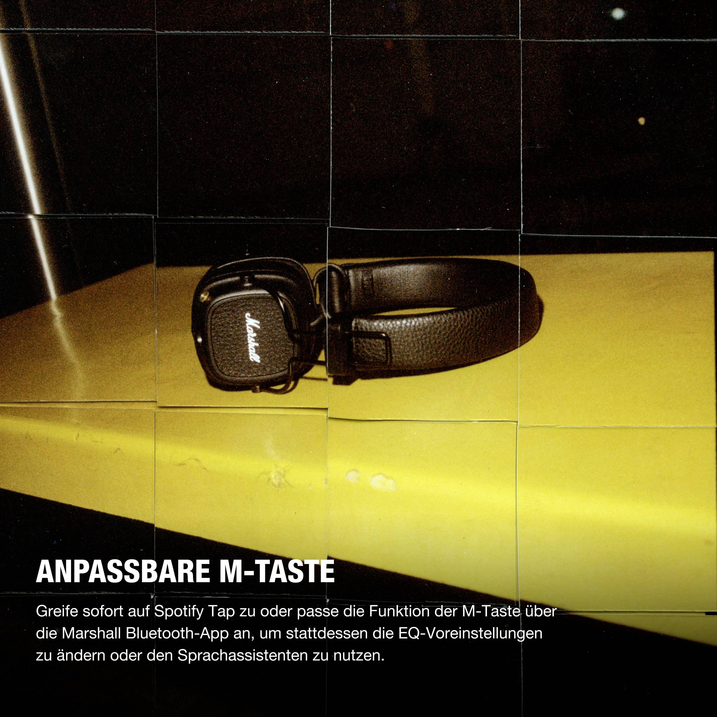 'Ein schwarzer Marshall-Kopfhörer liegt auf einer gelben Fläche. Text: Anpassbare M-Taste. Spotify-Tap oder EQ-Einstellungen ändern.'