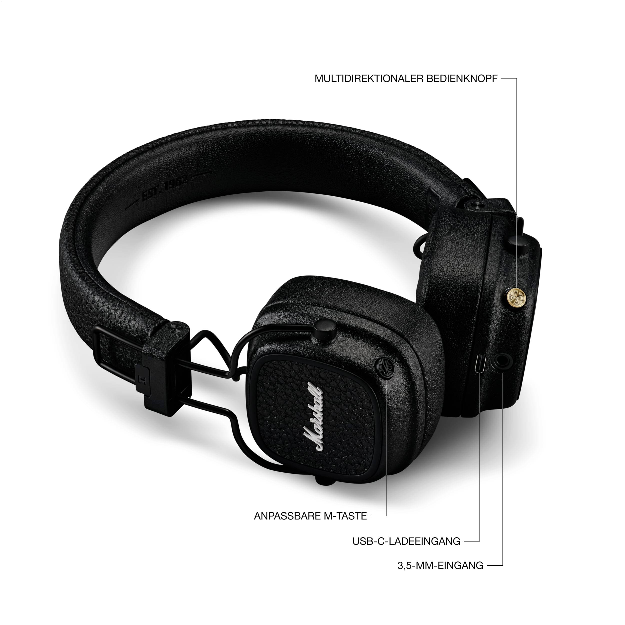 Schwarze Over-Ear-Kopfhörer mit Aufschrift 'Marshall', verstellbarem M-Taste, USB-C-Ladeeingang, 3,5-mm-Eingang, Multidirektionaler Bedienknopf.