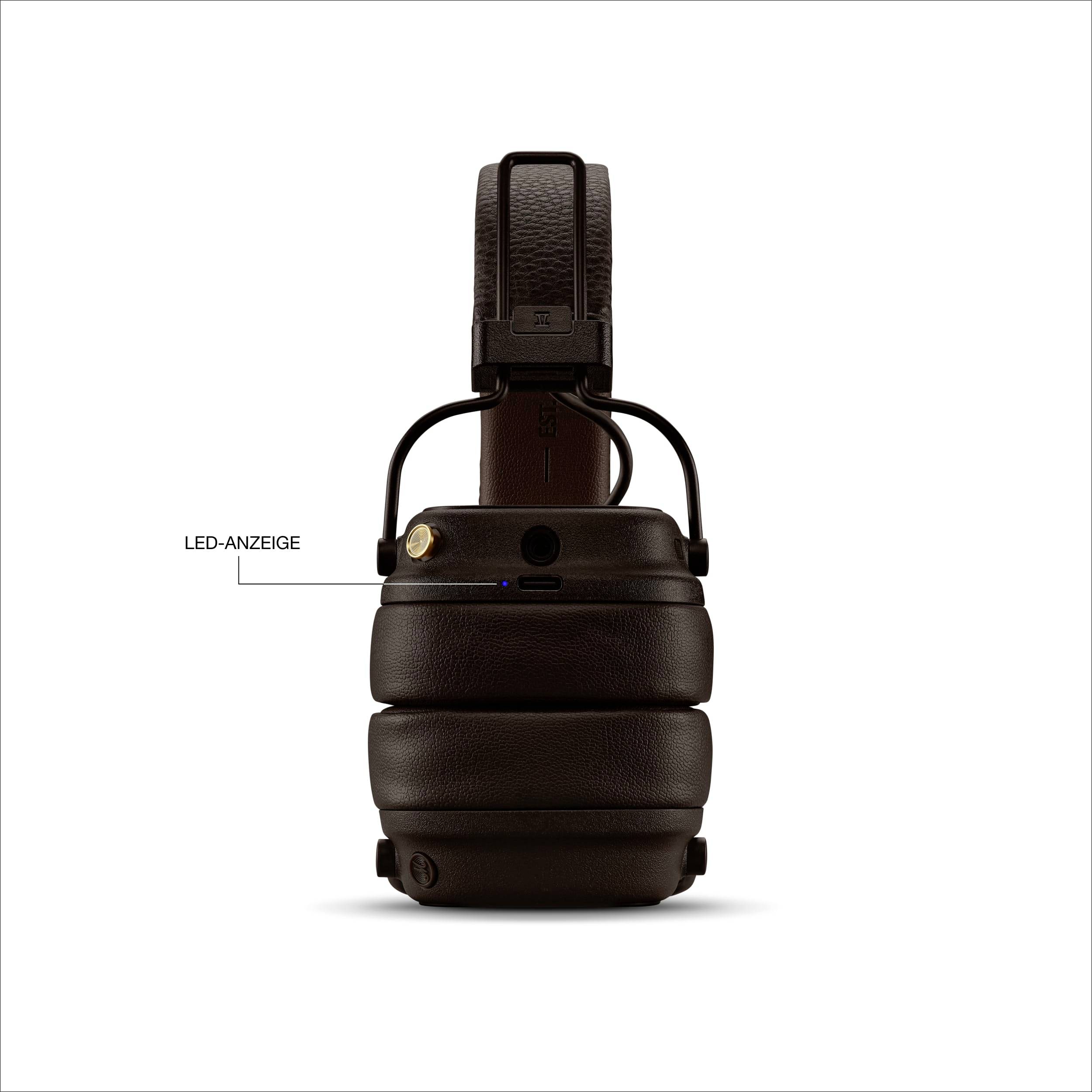 Kopfhörer in Schwarz mit LED-Anzeige. Schlichtes Design und gepolsterte Ohrmuscheln, ideal für komfortables Hören.