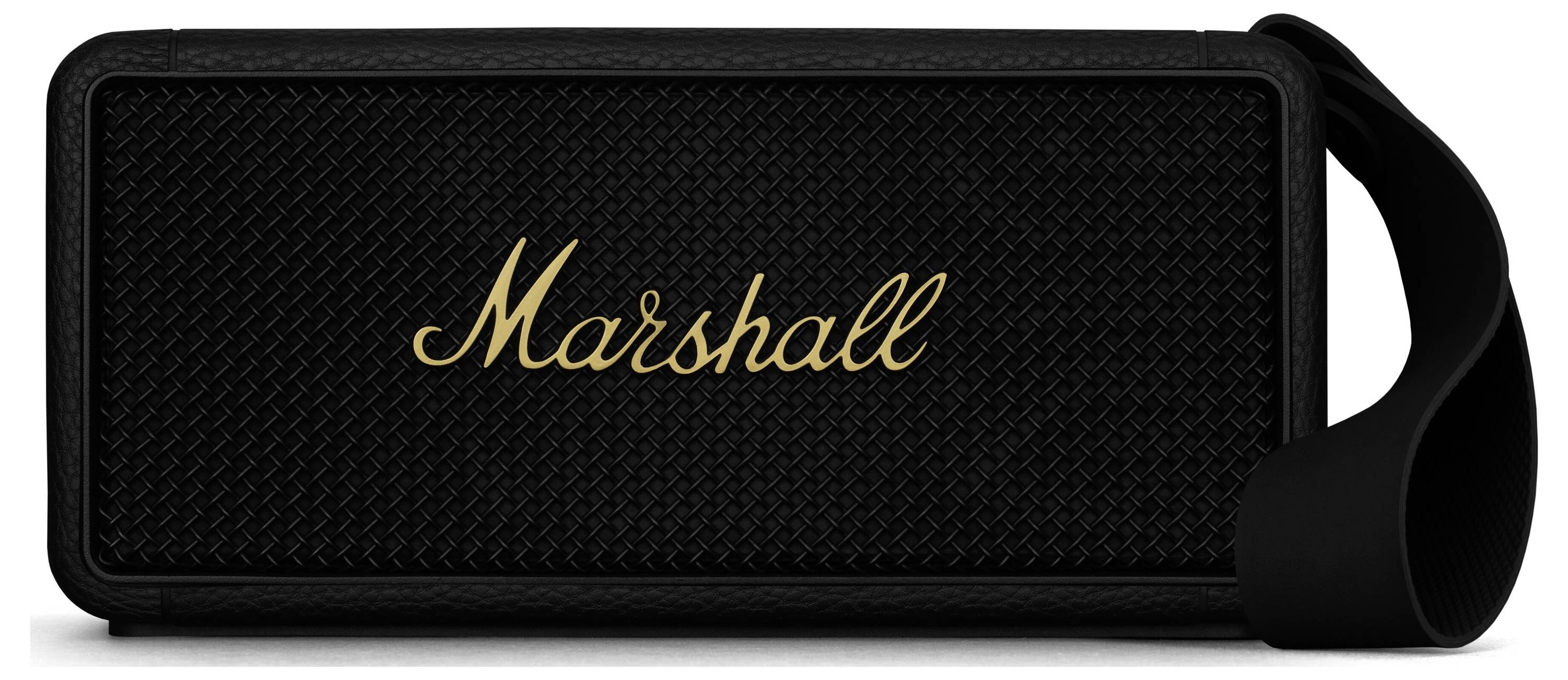 Ein tragbarer schwarzer Lautsprecher mit einem goldenen Schriftzug 'Marshall' auf der Vorderseite, mit einer Schlaufe auf der Seite.