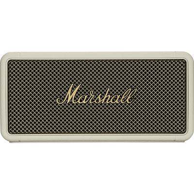 Ein tragbarer Lautsprecher mit braunem Gehäuse und goldfarbenem Gitter, das 'Marshall'-Logo ist in der Mitte sichtbar.