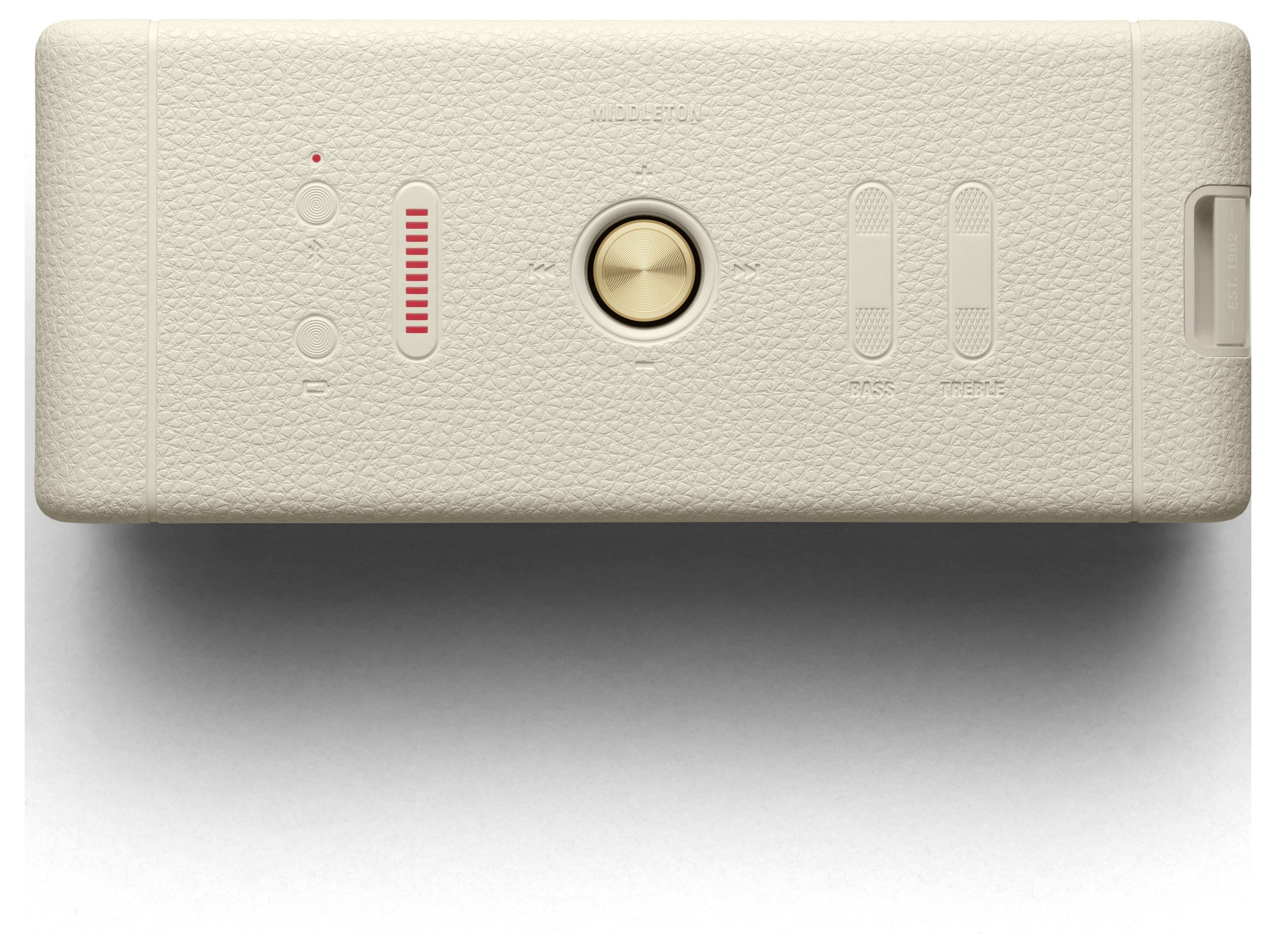 Ein cremefarbenes, rechteckiges Elektrogerät mit einem großen Drehknopf in der Mitte, links ein roter Leuchtbalken, und Reglern rechts.