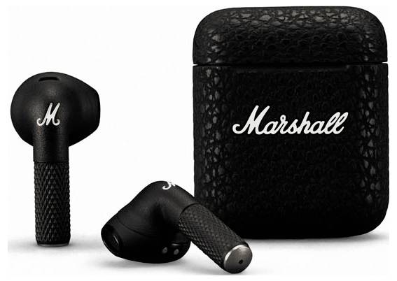 Schwarze kabellose In-Ear-Kopfhörer und Ladehülle mit 'Marshall'-Logo. Die Kopfhörer zeigen geriffelte Griffe, elegantes Design.