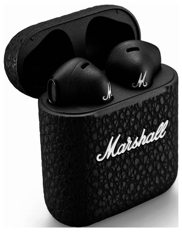 Schwarze kabellose In-Ear-Kopfhörer mit Ladeetui. Beide tragen das Markenlogo 'Marshall'. Das Etui ist geöffnet.