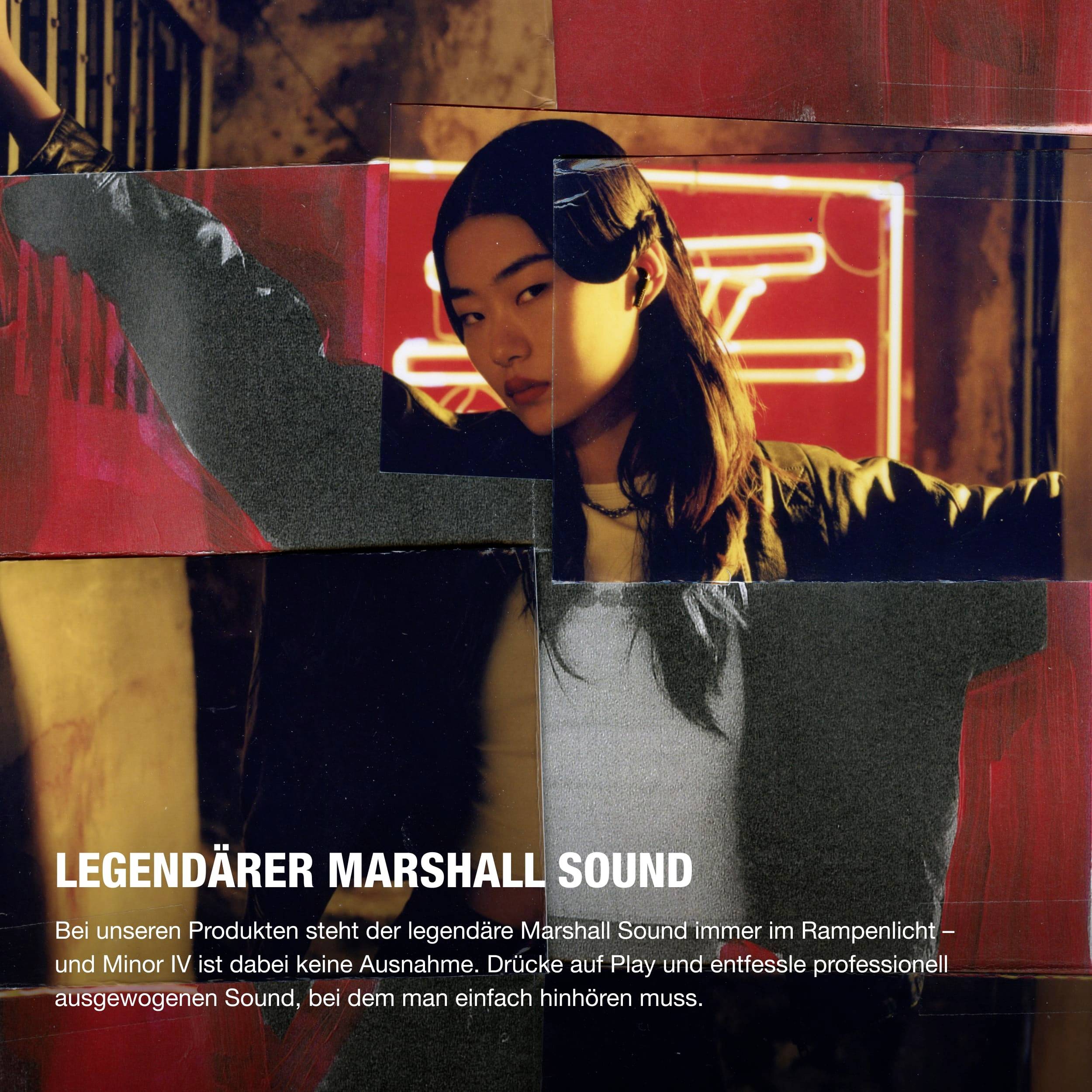 'Legendärer Marshall Sound. Bei unseren Produkten steht der legendäre Marshall Sound immer im Rampenlicht.' Eine Person posiert vor einem beleuchteten, roten Hintergrund.