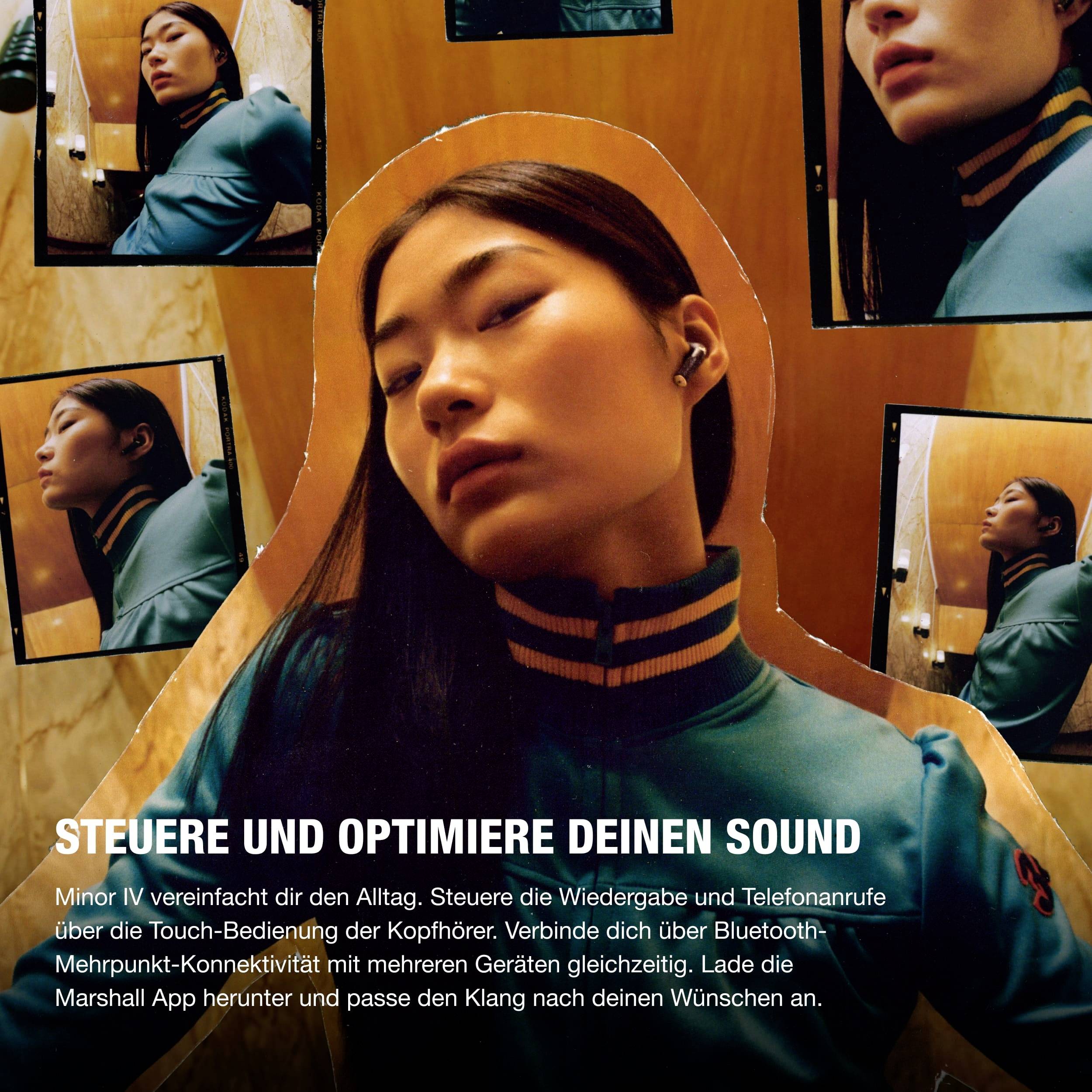 'Frau mit Kopfhörern vor einem gemusterten Hintergrund. Text: Steuere und optimiere deinen Sound.'