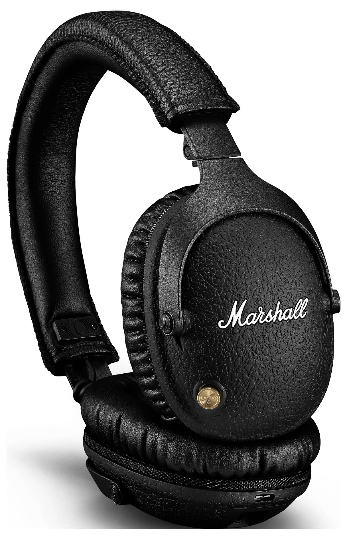 Ein Paar schwarze Over-Ear-Kopfhörer mit dem Schriftzug 'Marshall'. Sie haben ein klassisches Design mit strukturierten Ohrmuscheln.