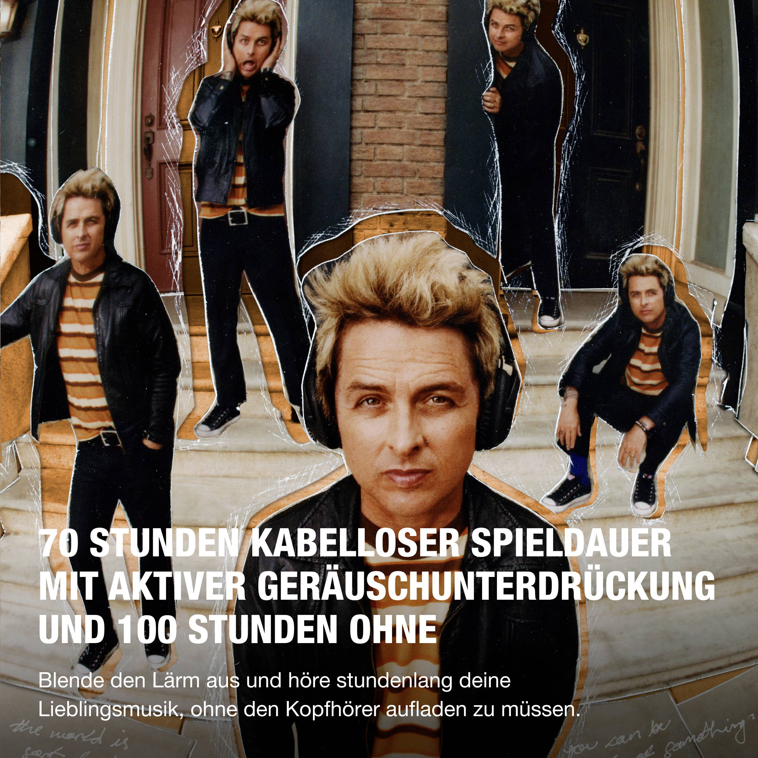 'Person mit Kopfhörern und gestreifter Kleidung posiert mehrfach. Text: 70 Stunden kabellose Spieldauer, Geräuschunterdrückung, 10 Minuten Aufladen für 5 Stunden Musik.'