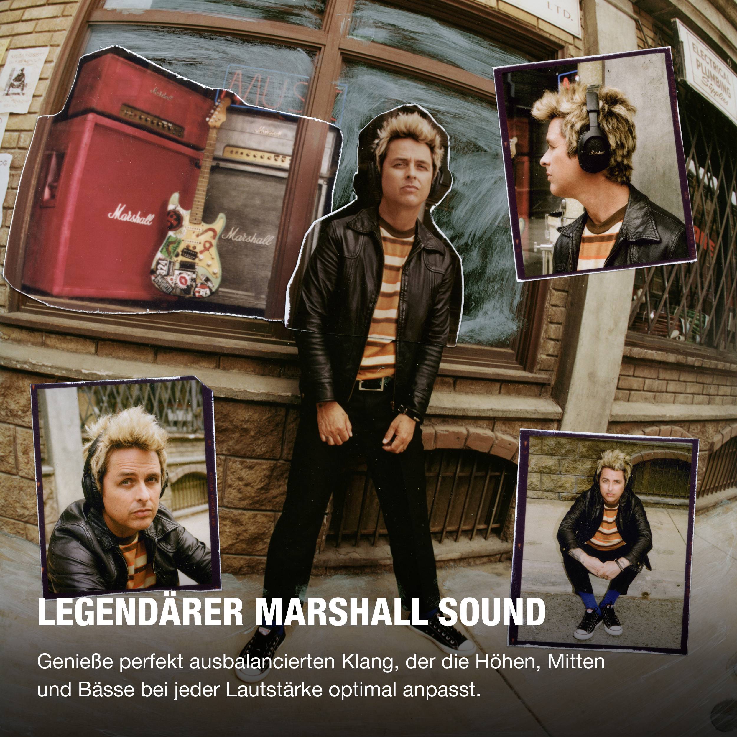 Person mit Kopfhörern vor einem Marshall-Verstärker. Text: 'Legendärer Marshall Sound'. Werbung für individuellen Klanggenuss.