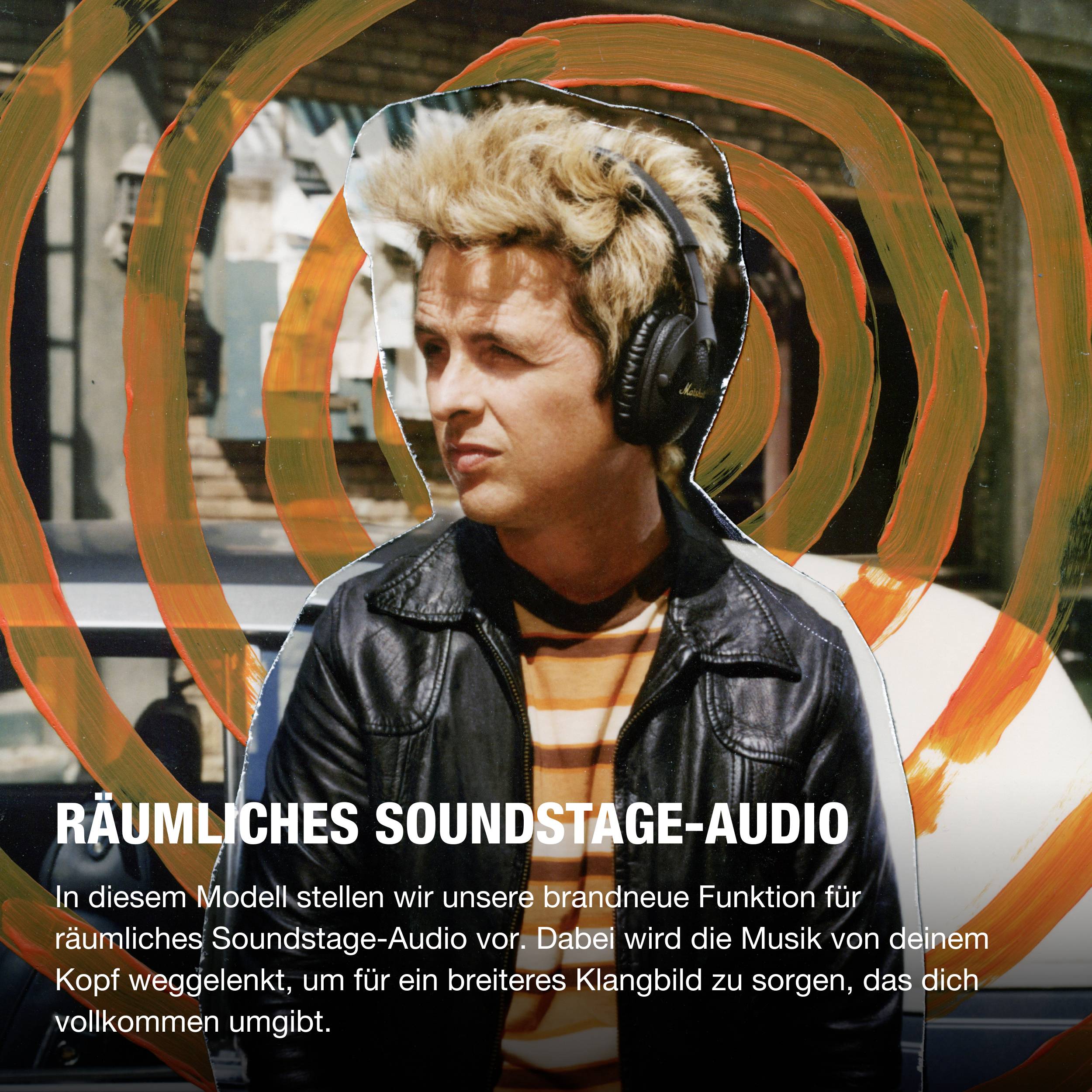 Ein junger Mann mit Kopfhörern vor einem abstrakten Hintergrund. Text betont die neue Funktion für räumliches Soundstage-Audio.