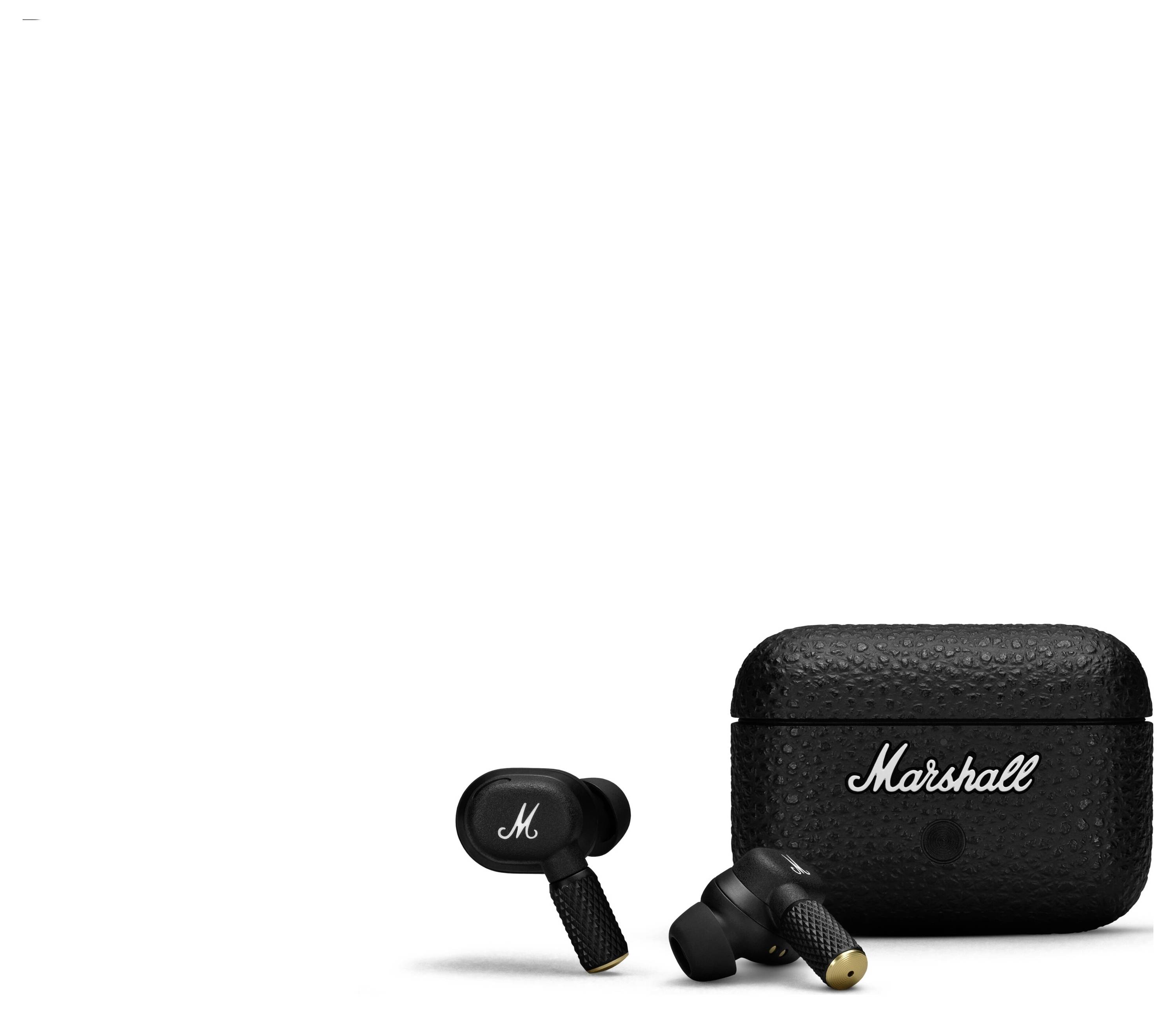 Schwarze kabellose Ohrhörer und Ladegehäuse mit weißem 'Marshall'-Logo, auf weißem Hintergrund dargestellt.