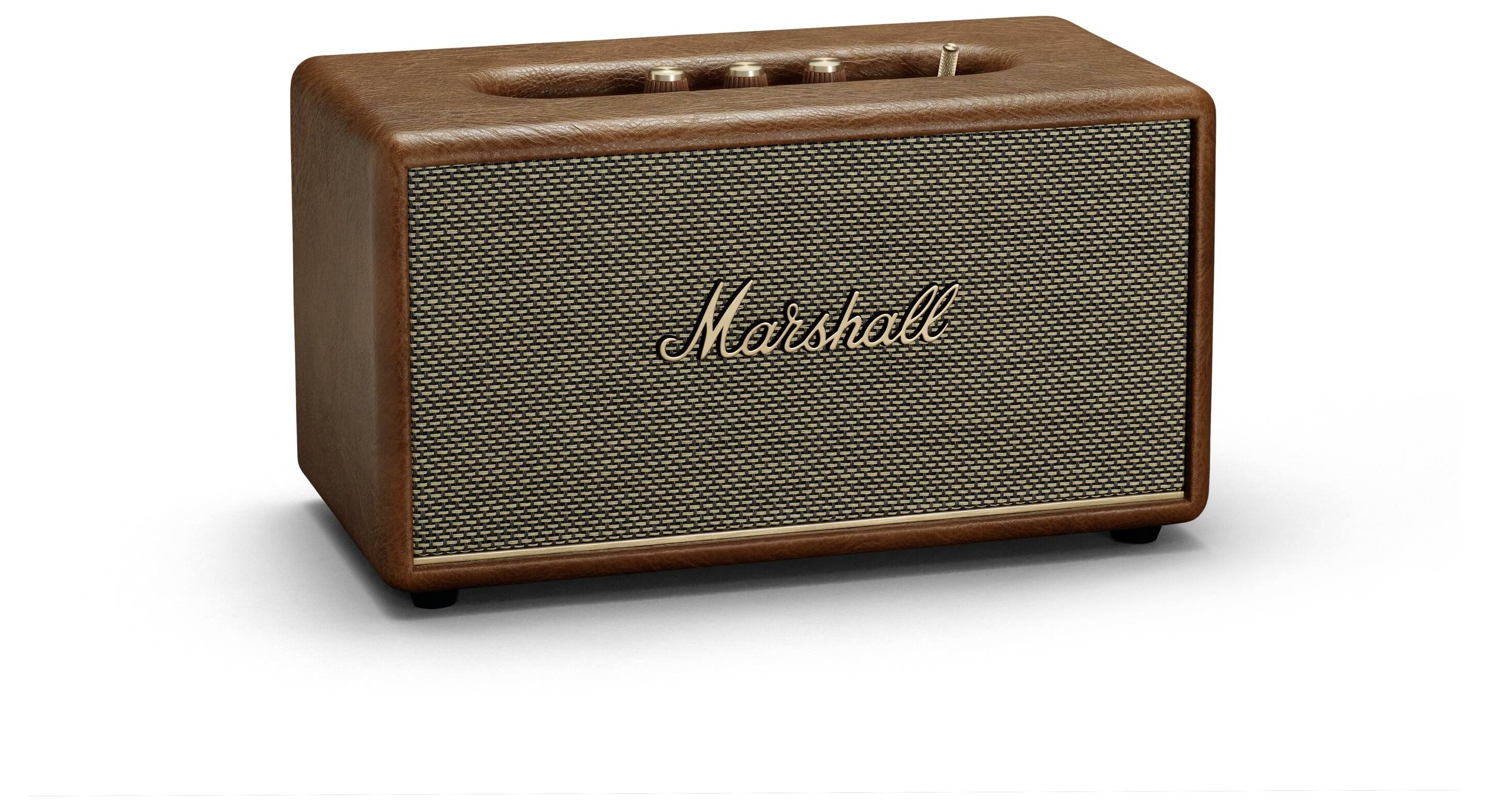 Ein brauner Lautsprecher mit Stoffgitter und dem Schriftzug 'Marshall' auf der Vorderseite. Kontrollen sind oben auf dem Gehäuse sichtbar.