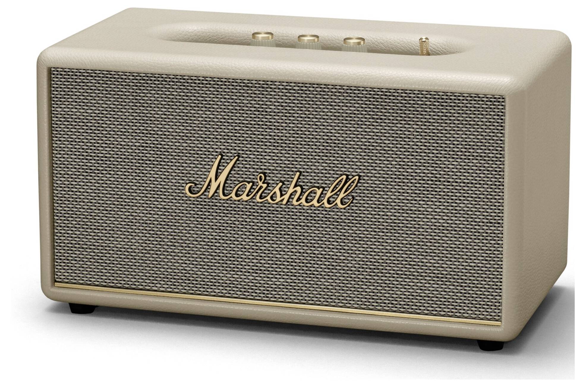 Beigefarbene Marshall-Bluetooth-Lautsprecherbox im Vintage-Design mit goldenen Reglern und gewebtem Stoffgitter an der Vorderseite.