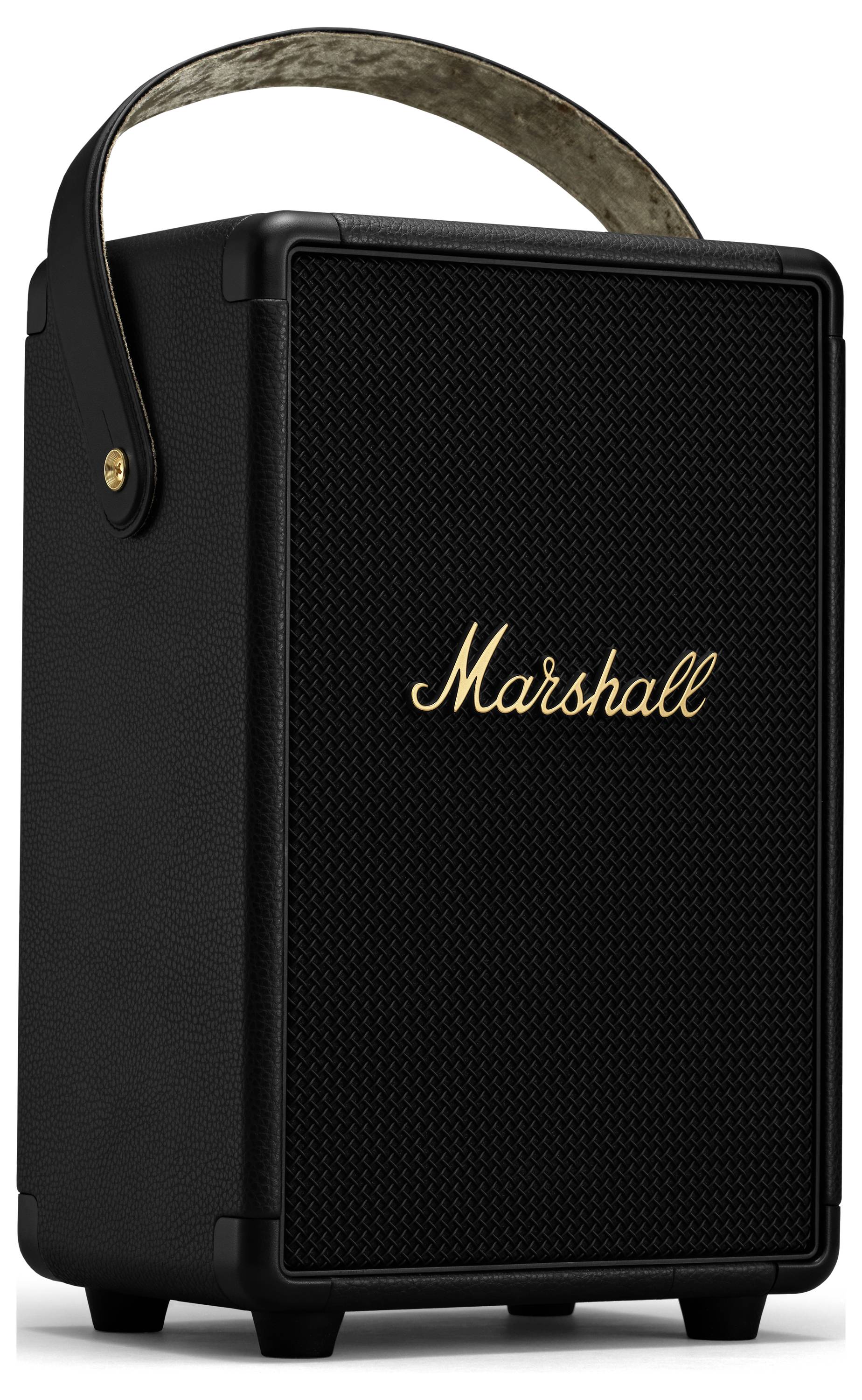 Tragbarer Lautsprecher mit schwarzem Gehäuse und Trageschlaufe, auf dem in goldener Schrift 'Marshall' steht.