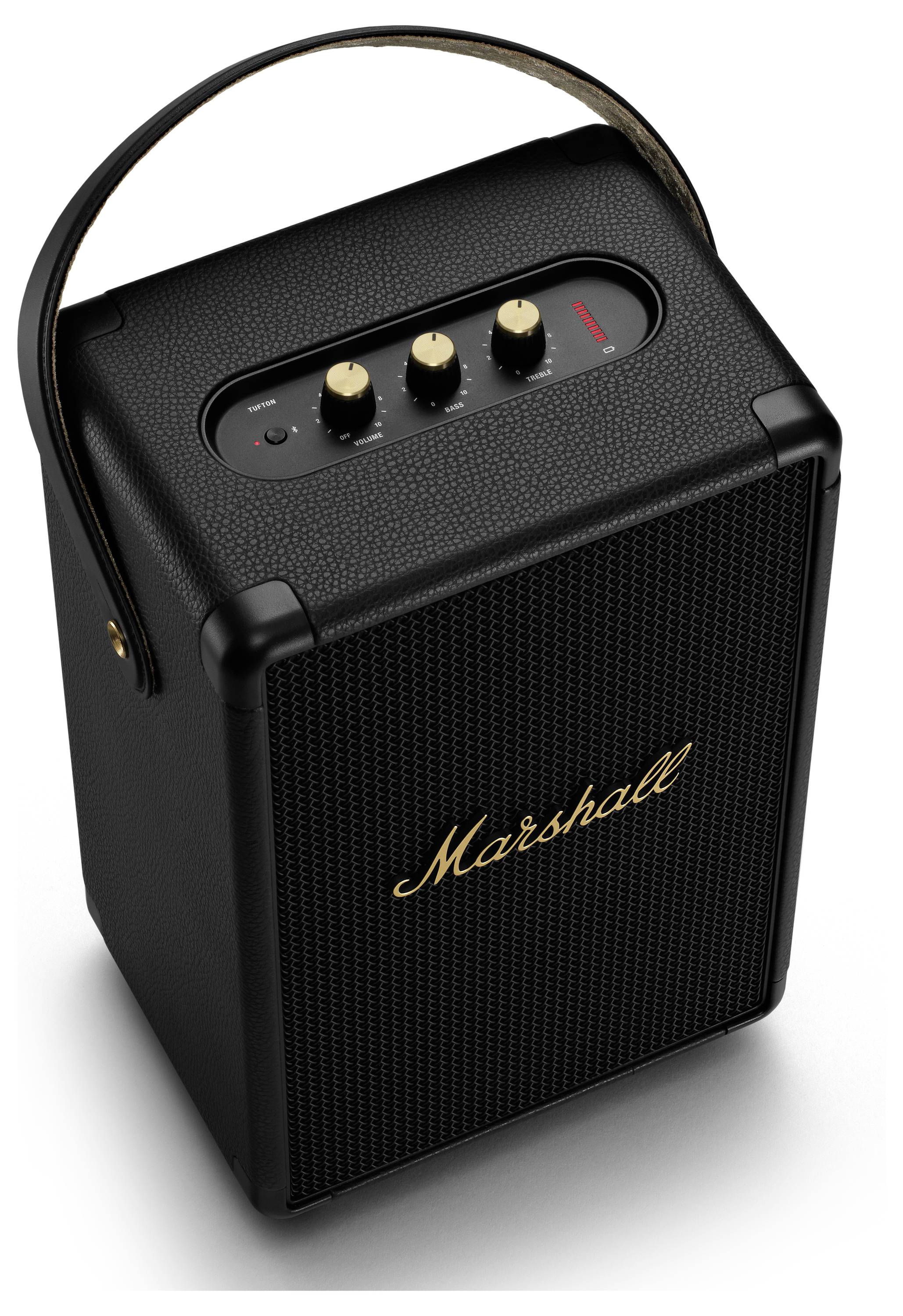 Schwarzer tragbarer Lautsprecher mit 'Marshall'-Logo, drei Bedienknöpfen oben, Ledergriff.
