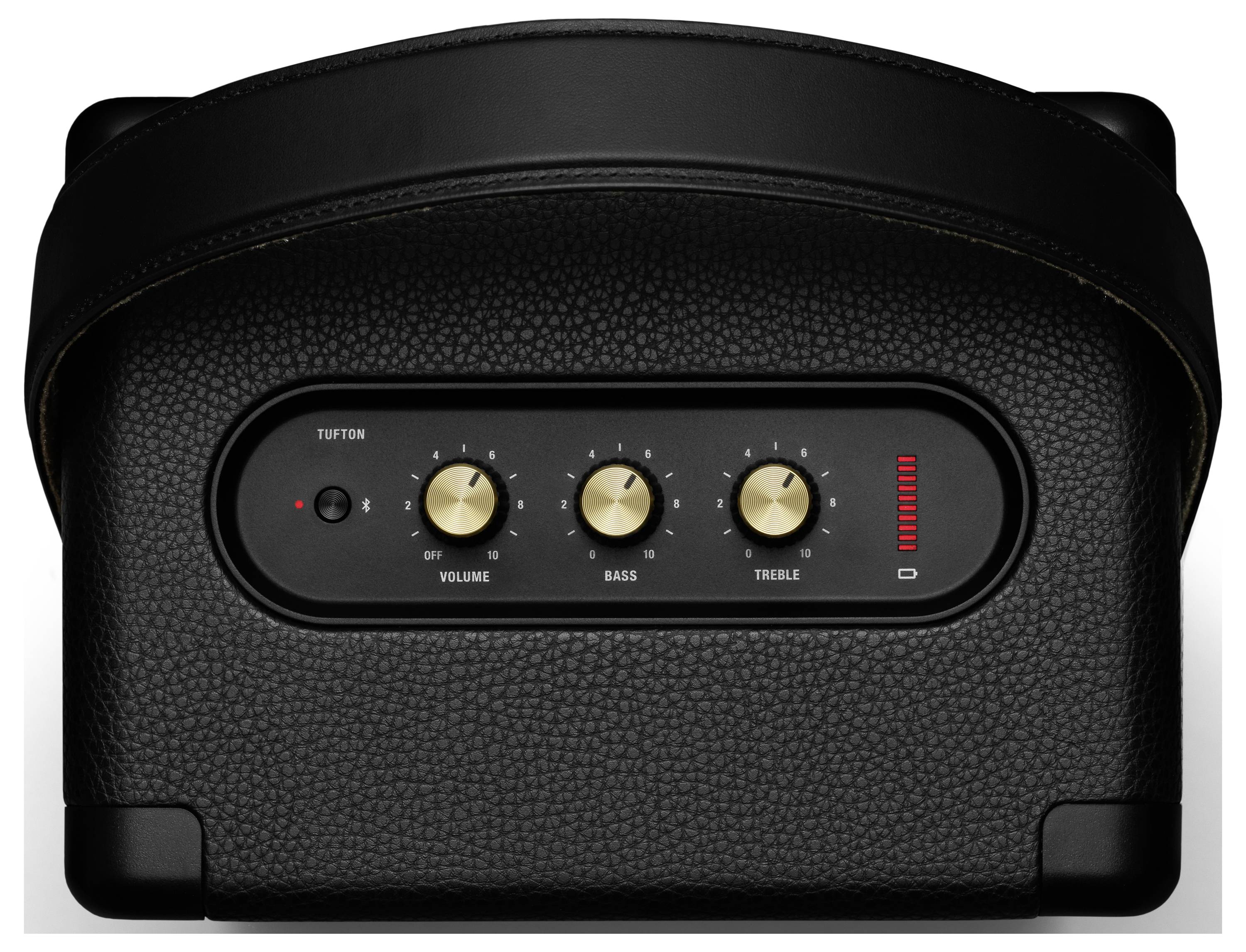 Schwarzer Lautsprecher mit drei Drehreglern für Lautstärke, Bass und Höhen, eingeschaltet. Links Aufschrift 'Tufton'.