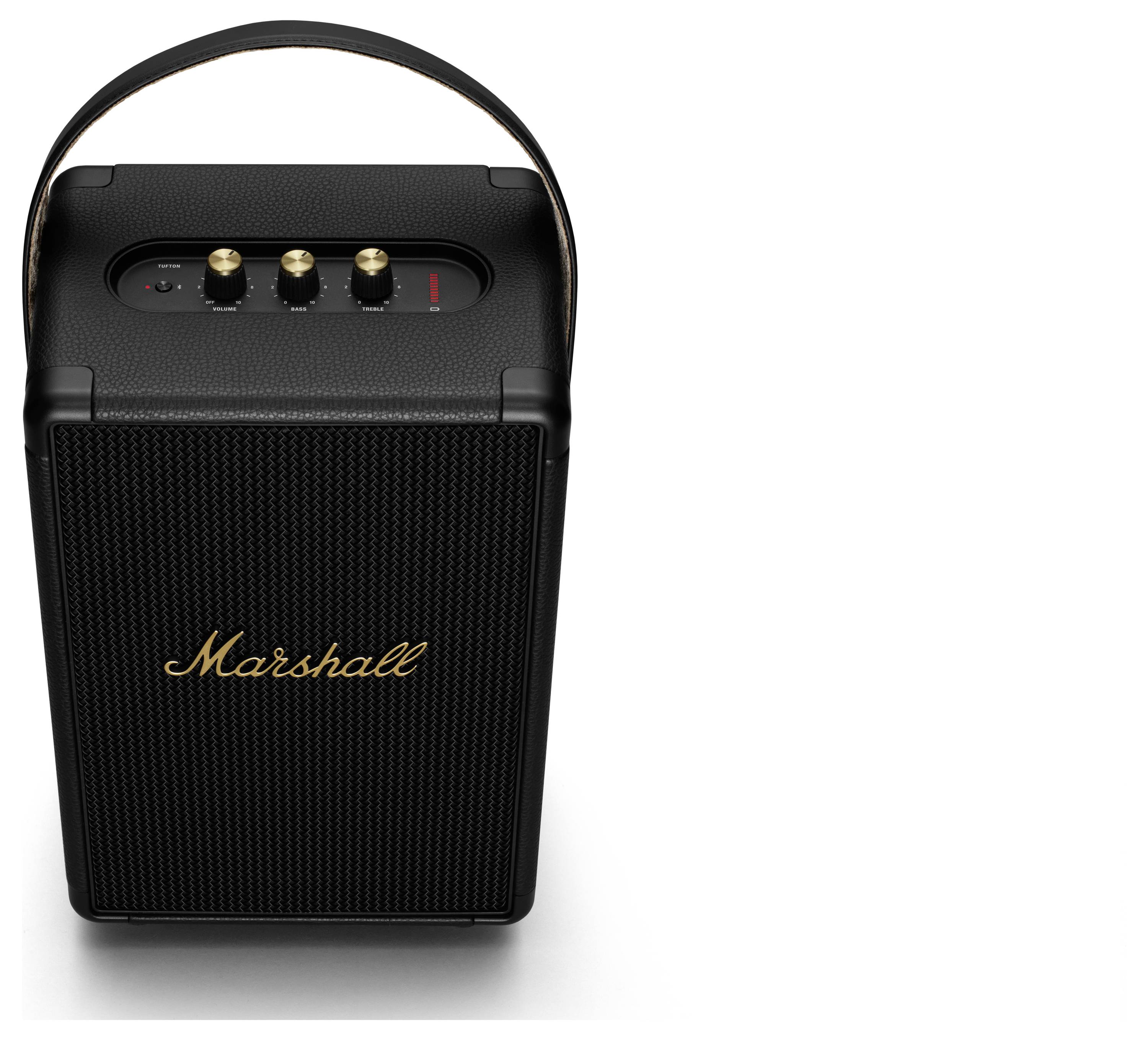 Schwarzer tragbarer Lautsprecher mit goldenen Bedienelementen und der Aufschrift 'Marshall'.