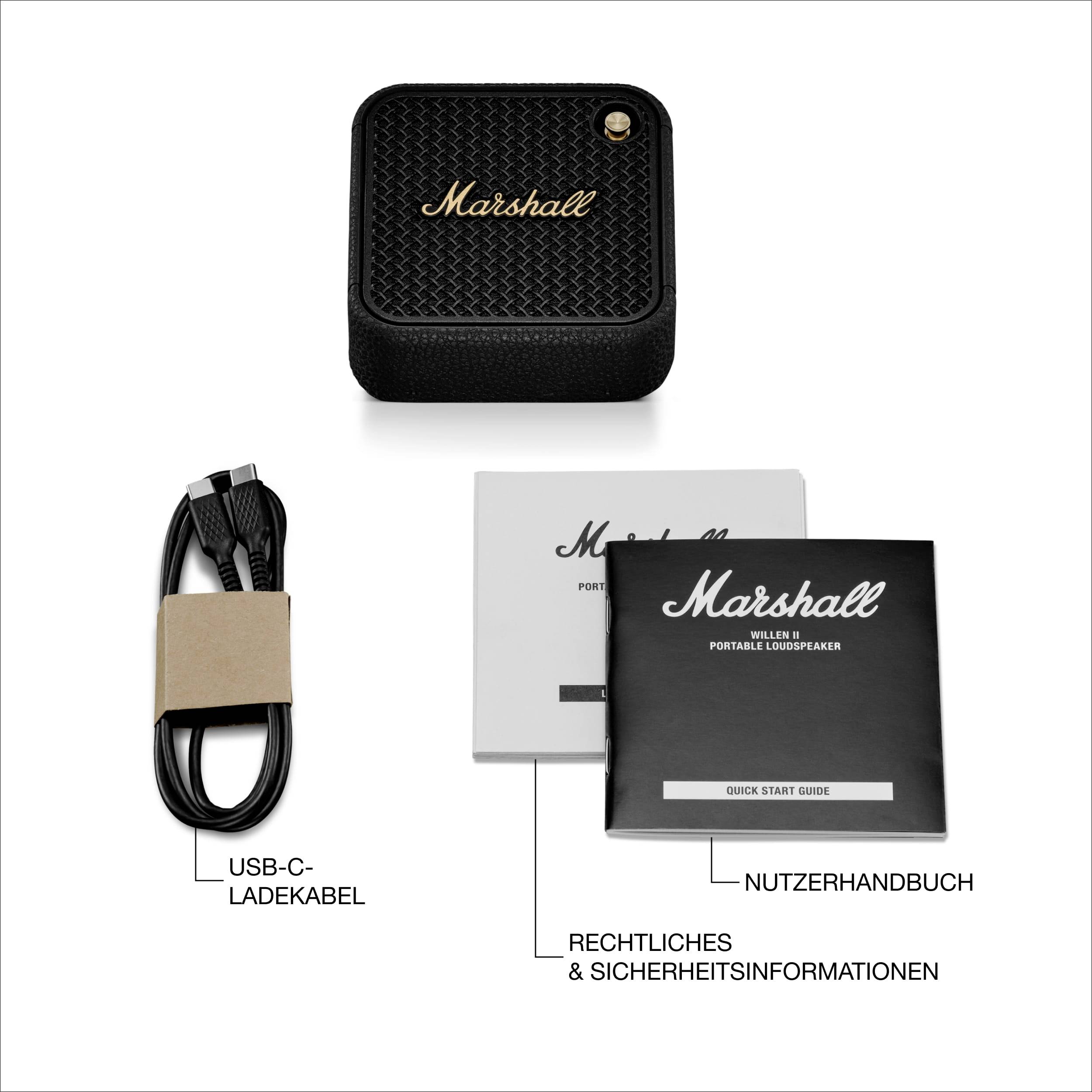 Schwarzer tragbarer Lautsprecher mit goldfarbenem Knopf. Beiliegend: USB-C-Ladekabel, Benutzerhandbuch, rechtliche und Sicherheitsinformationen.